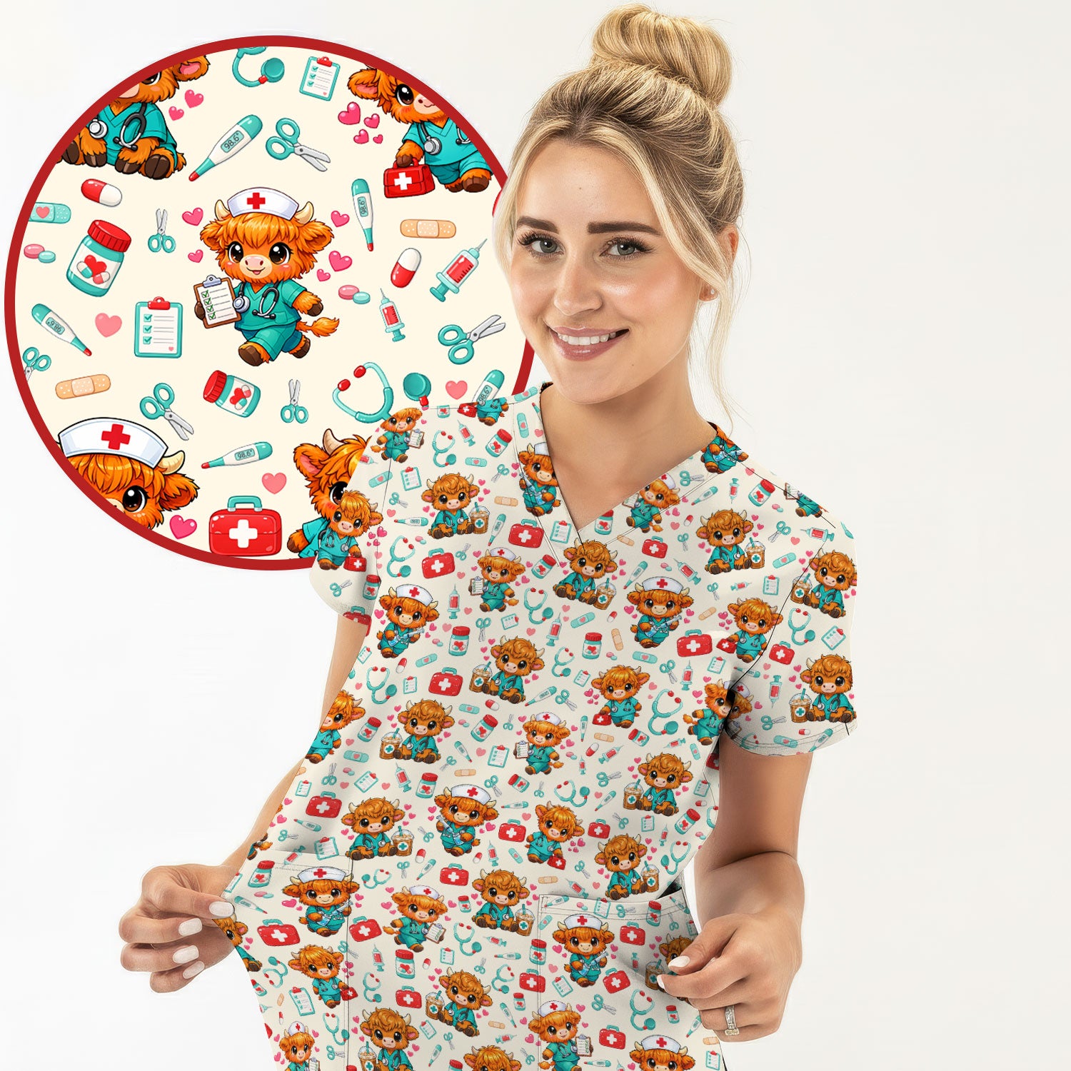Cute Highland Cow Nurse Scrub Top, Kawaii Medical Pattern Shirt, Breathable Fabrics Nursing Uniform