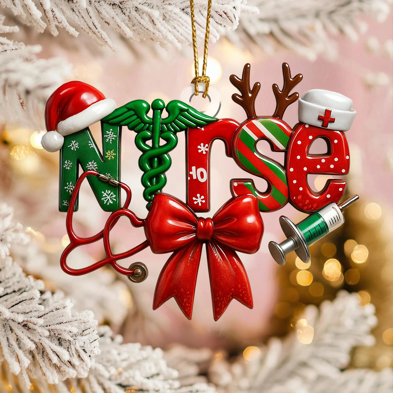 Funny Nurse Christmas Ornament, Xmas Medical Ornament with Stethoscope and Syringe, Holiday Gift for RN, LPN, CNA, Doctor
