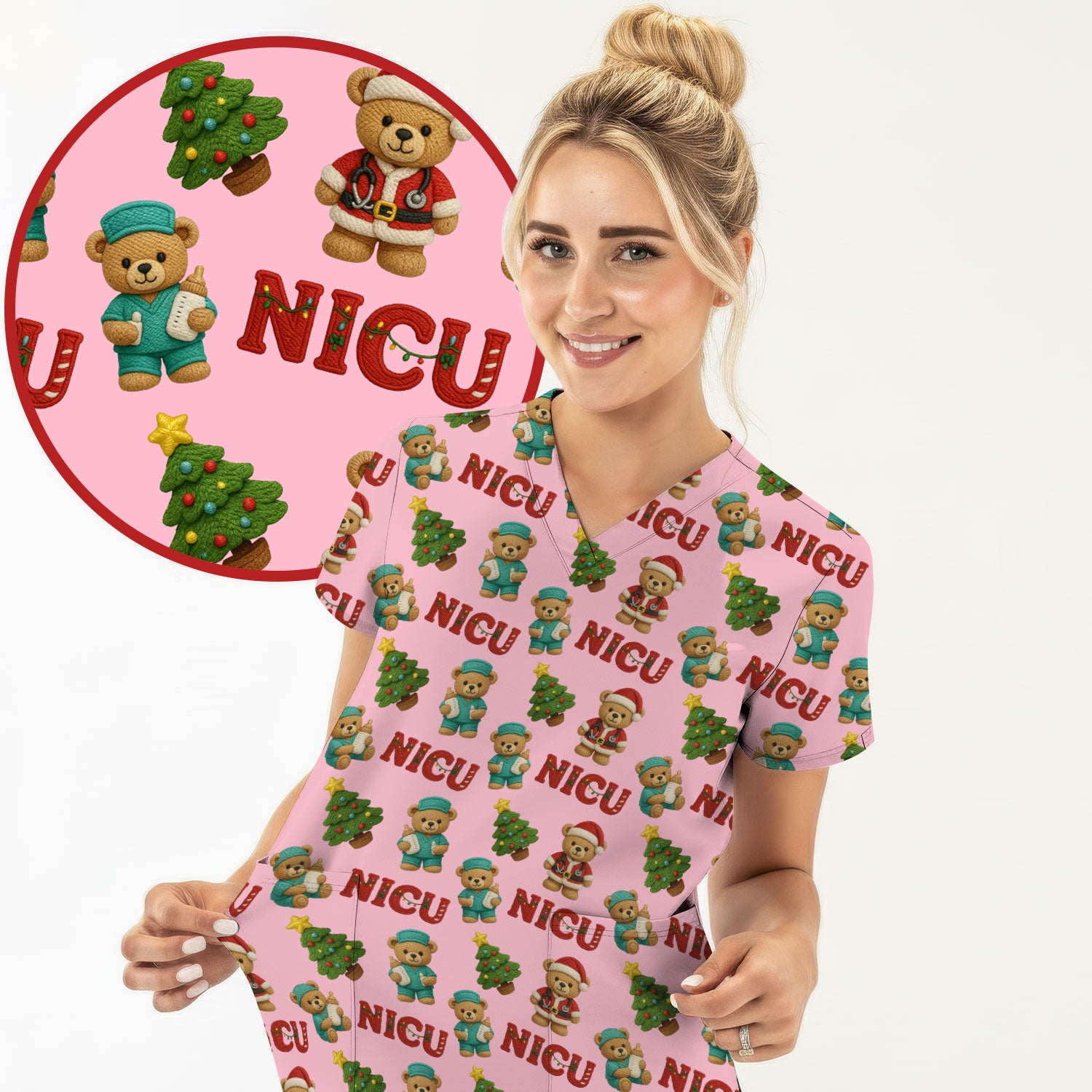 Festive Christmas NICU Nurse Teddy Bear Pattern, Breathable Fabrics Nursing Uniform