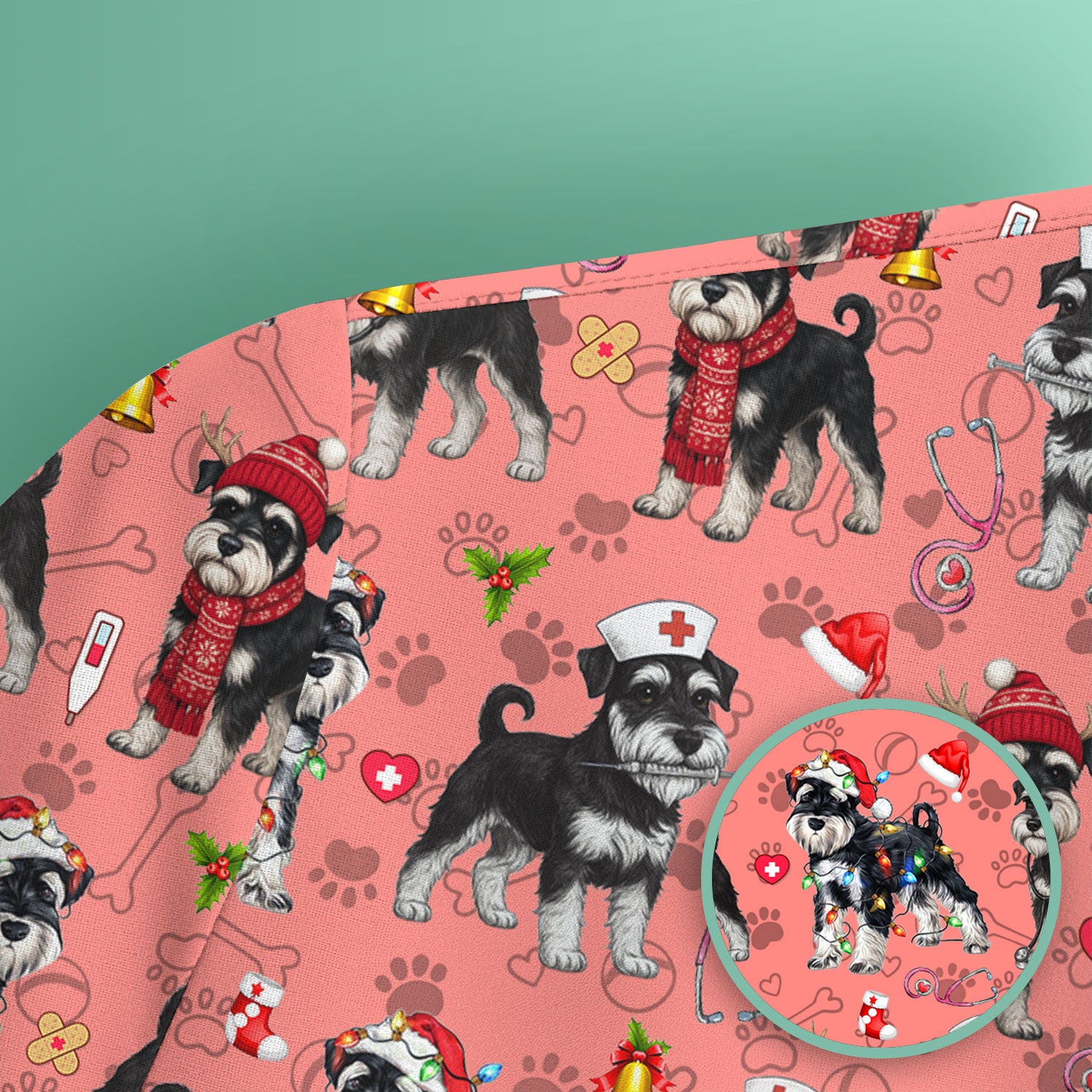 Christmas Schnauzer Scrubs for Nurses - Cute Dog Holiday Scrub Top - Funny Santa Nursing Medical Shirt for Women