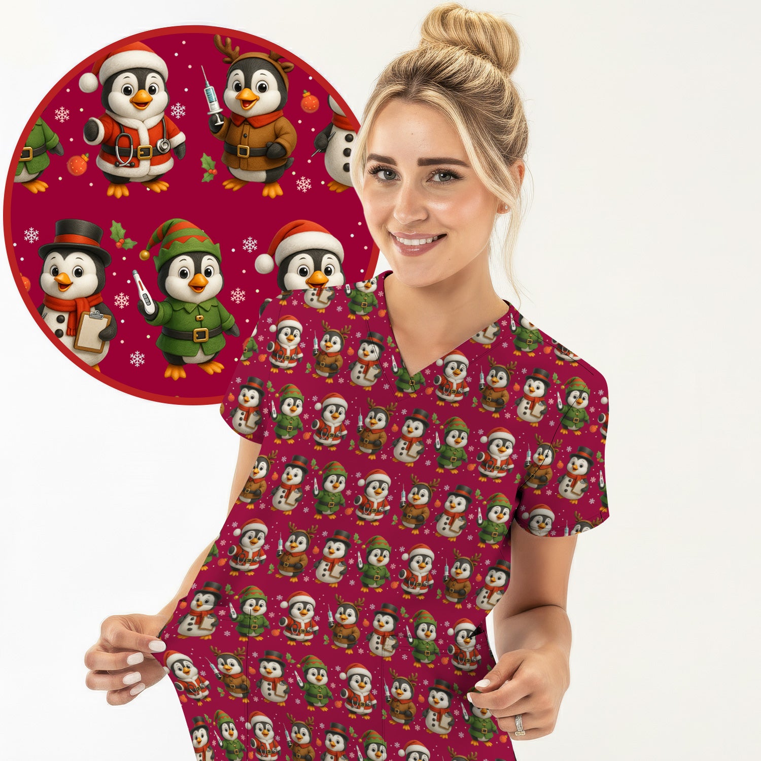Cute Christmas Penguin Scrubs - Festive Pattern Scrub Top for Women - Cozy Holiday Scrubs Perfect for Nurse Gift Season