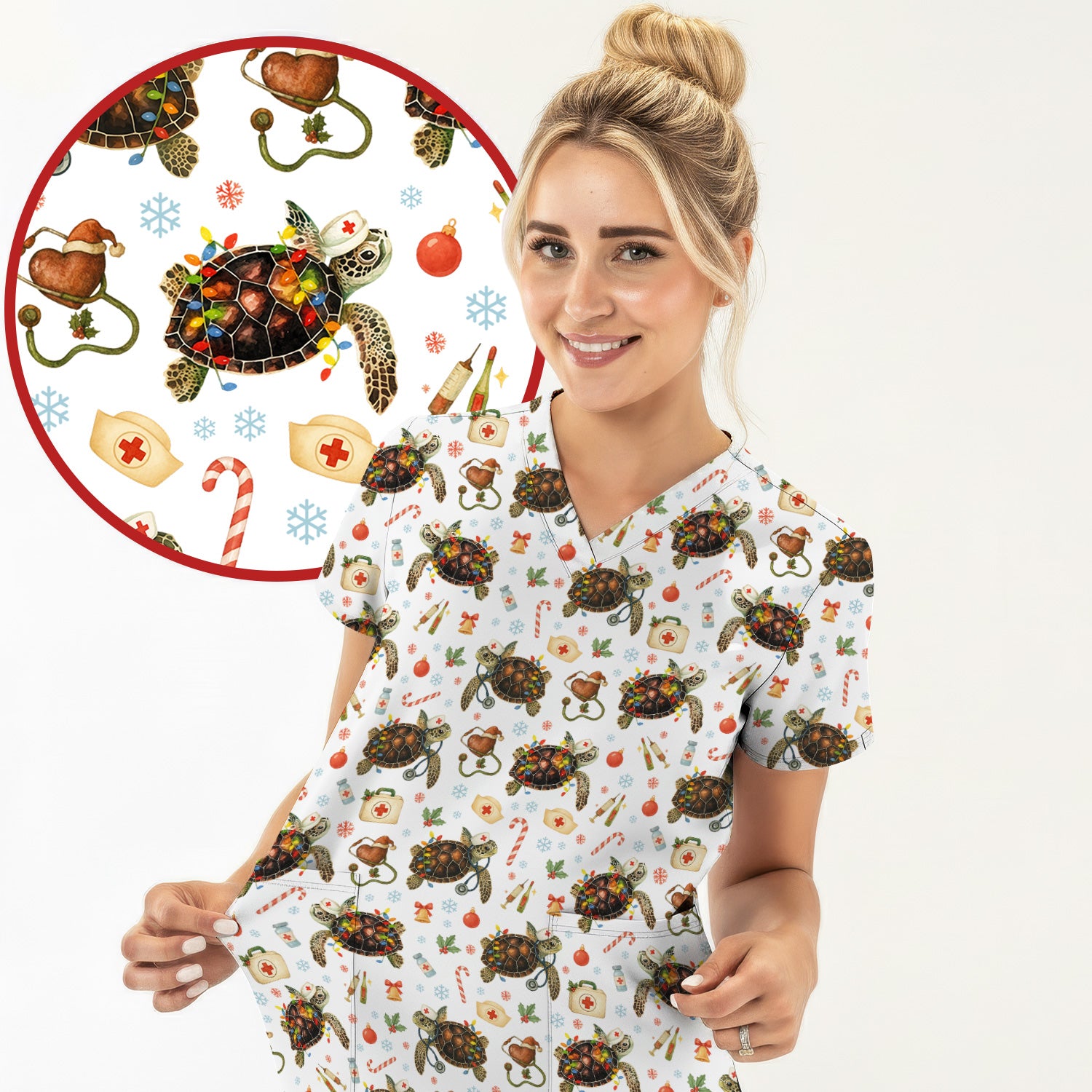 Funny Christmas Scrub Top - Sea Turtle with Xmas Lights Shirt - Holiday Nurse Scrubs for Women