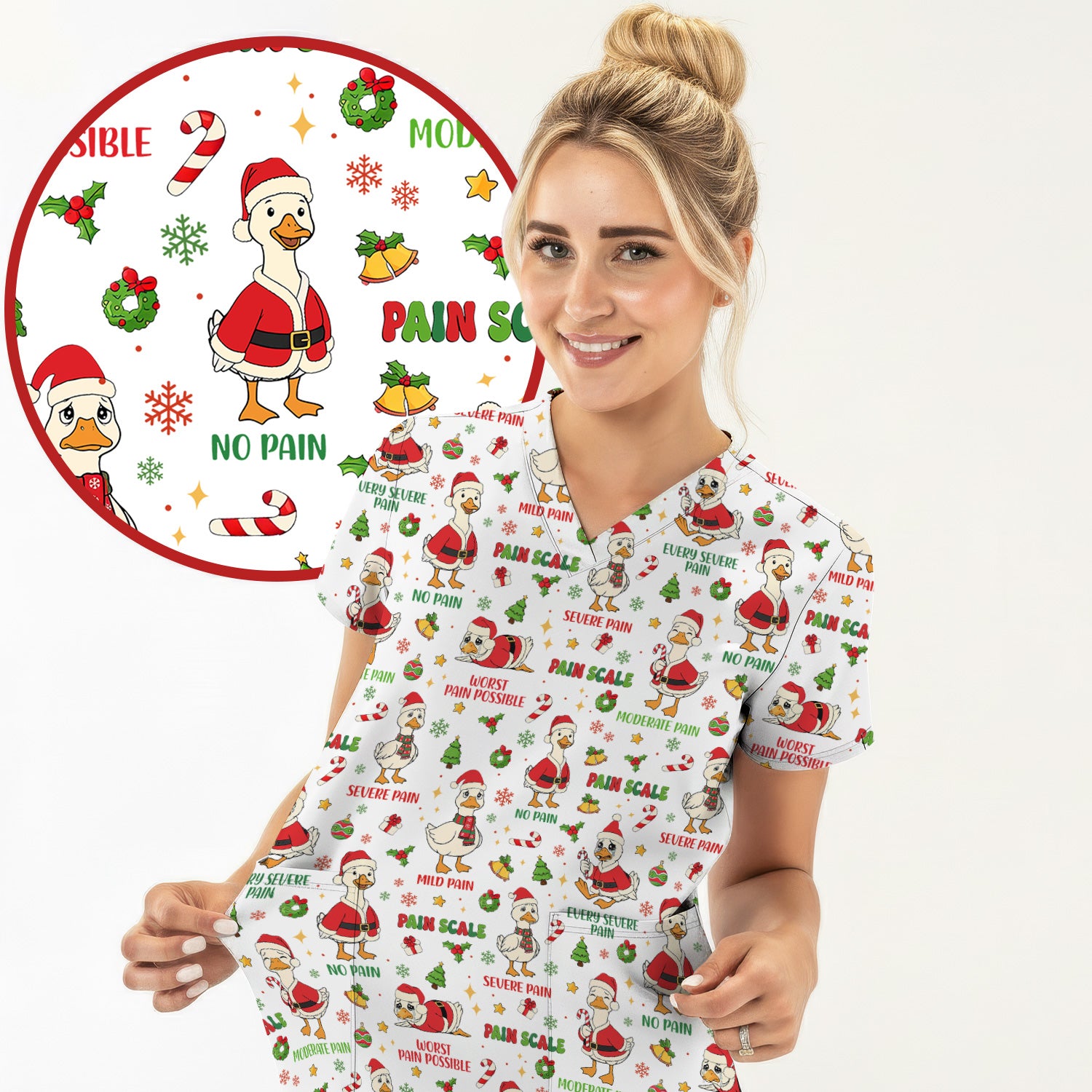 Funny Goose Christmas Scrub Set - Pain Scale Scrubs Pants and V Neck Top - Cute Holiday Medical Uniform for Women