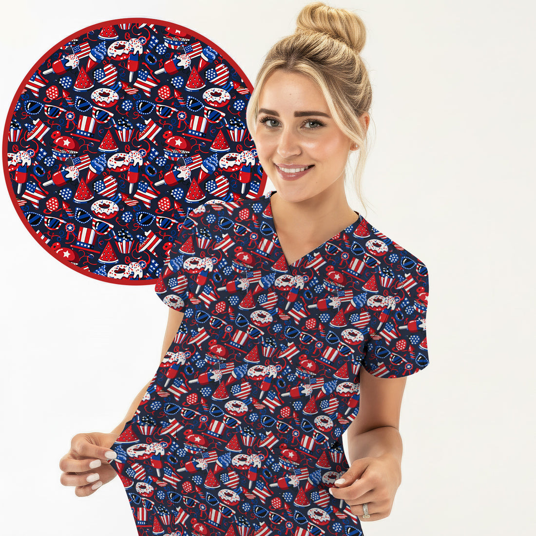 Cute Patriotic 4th of July Print V Neck Scrub Top for Nurses, Red Blue Medical Uniform