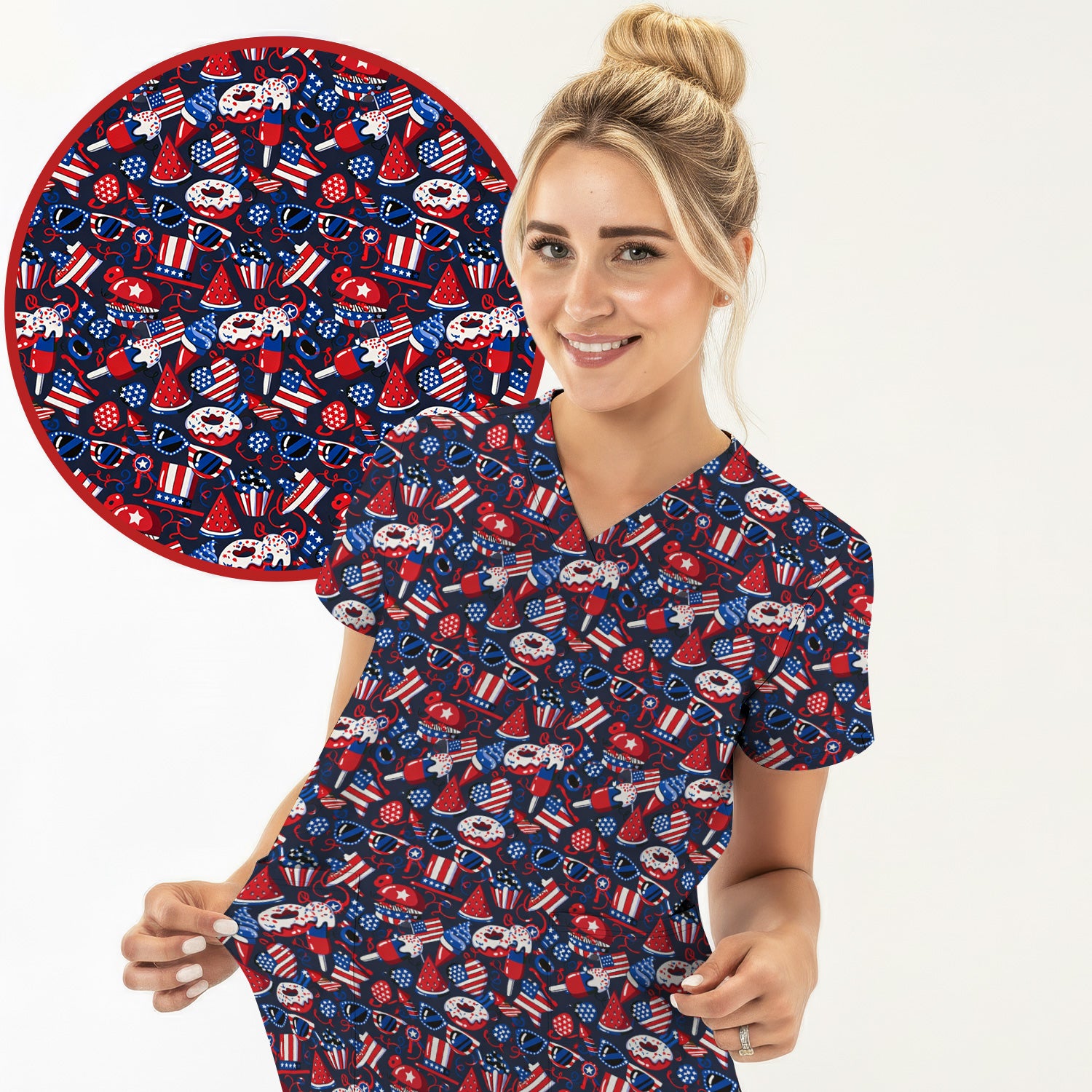 Cute Patriotic Print V Neck Scrub Set for Healthcare Workers, Red Blue Uniform