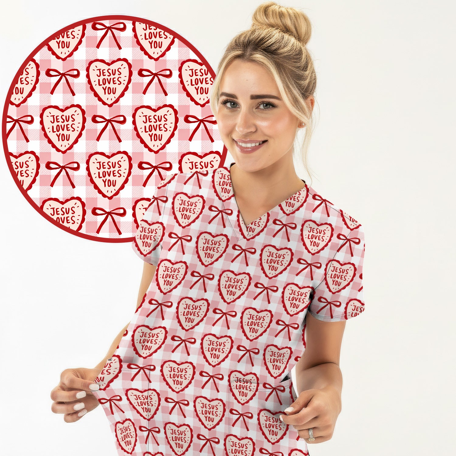 Jesus Loves You Heart Plaid Print Scrub Top, Breathable Fabrics Nursing Uniform