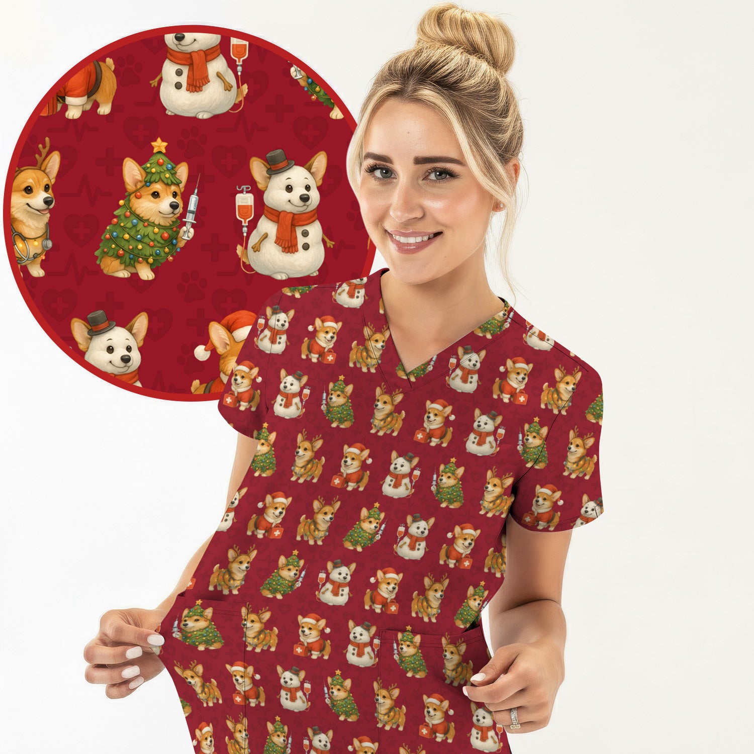 Cute Christmas Corgi Scrubs - Festive Pattern Scrub Top for Women - Cozy Holiday Nurse Scrubs Gift for Dog Lovers