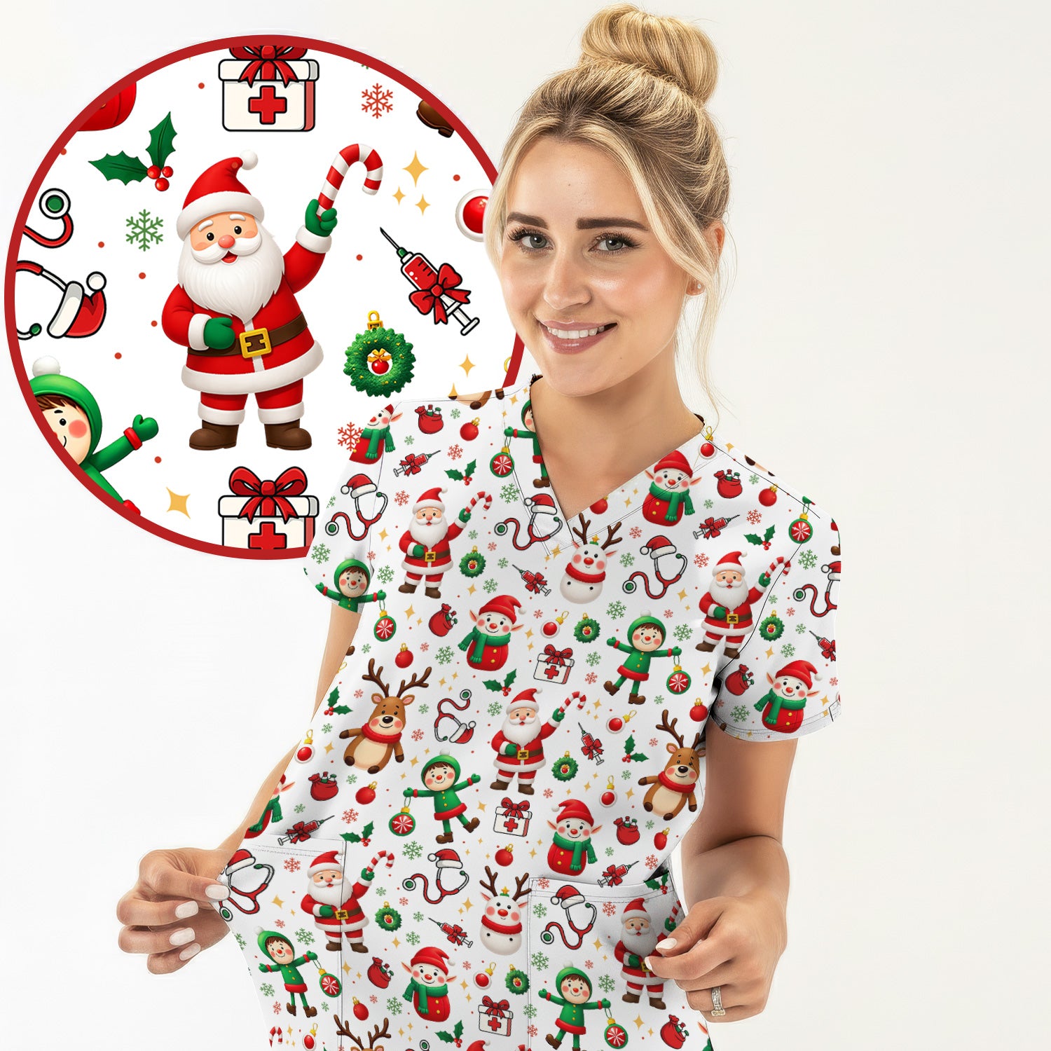 Santa Christmas Scrub Top - Cute Holiday Nurse Medical Shirt - Festive Reindeer Med Uniform for Women RN CNA LPN
