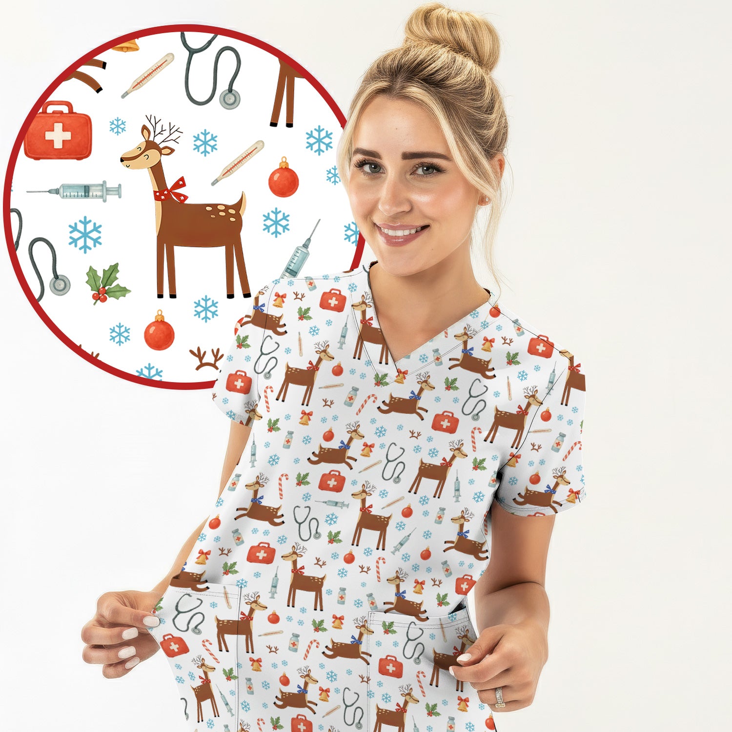 Christmas Reindeer Scrub Top for Nurses - Cute Reindeers Snowflakes Candy Canes Shirt - Comfortable Med Uniform