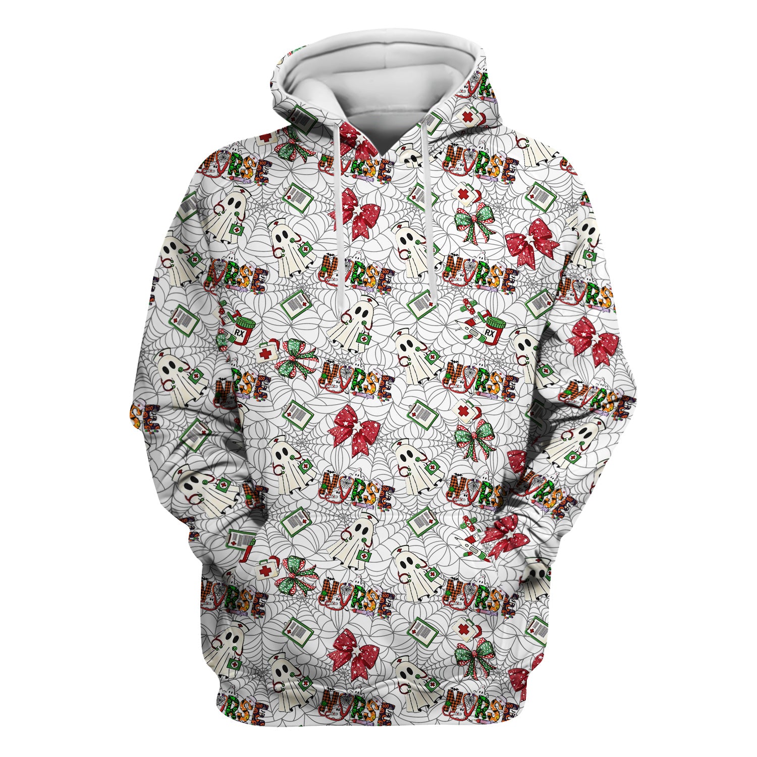 Halloween Nurse Scrub Top for Women - Cute Ghost and Spider Web Scrub Shirt Multi Color - Funny Nursing Work Shirt with Pockets