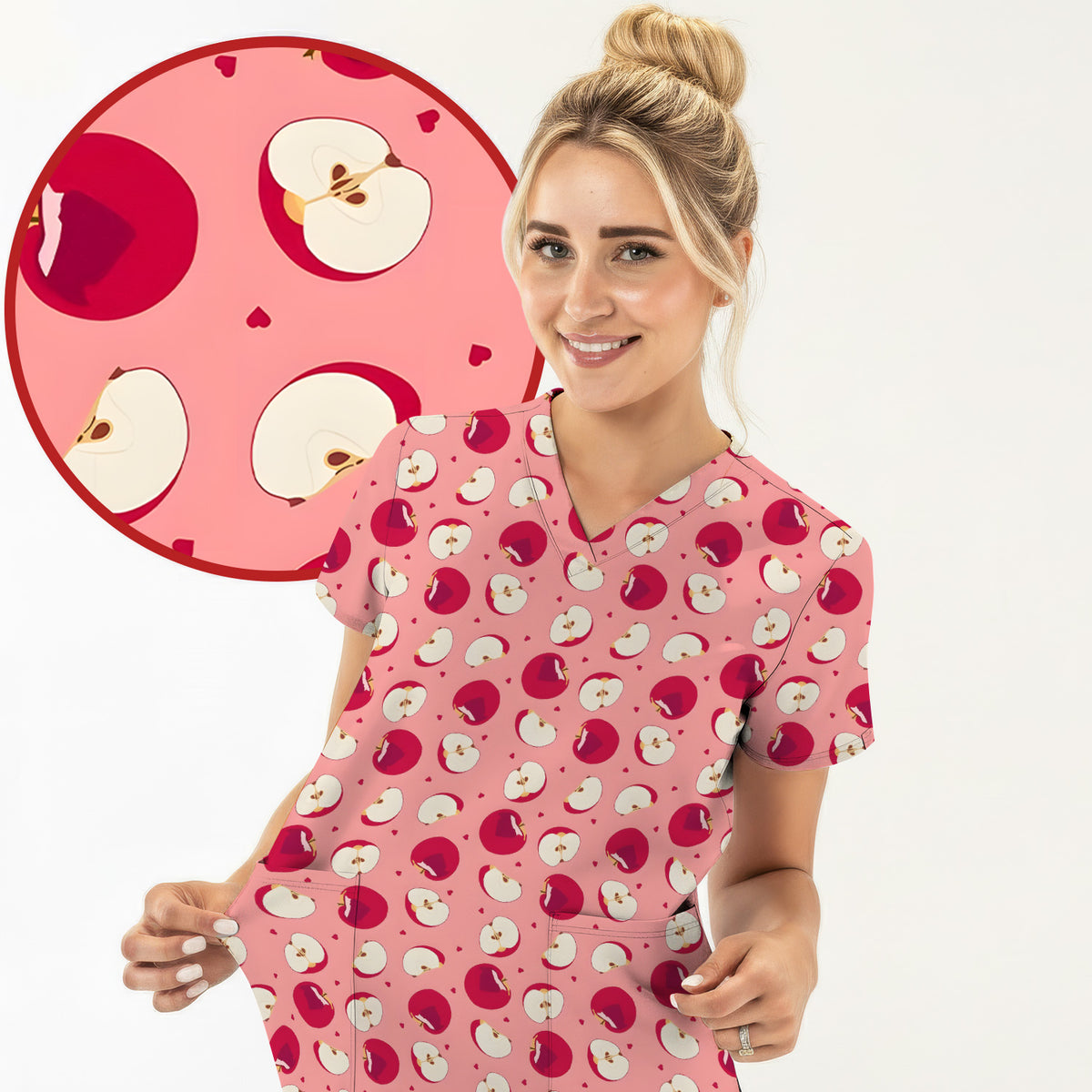 Cute Red Apple Fruit Pattern Scrubs Top, Comfortable Scrubs for Nurses