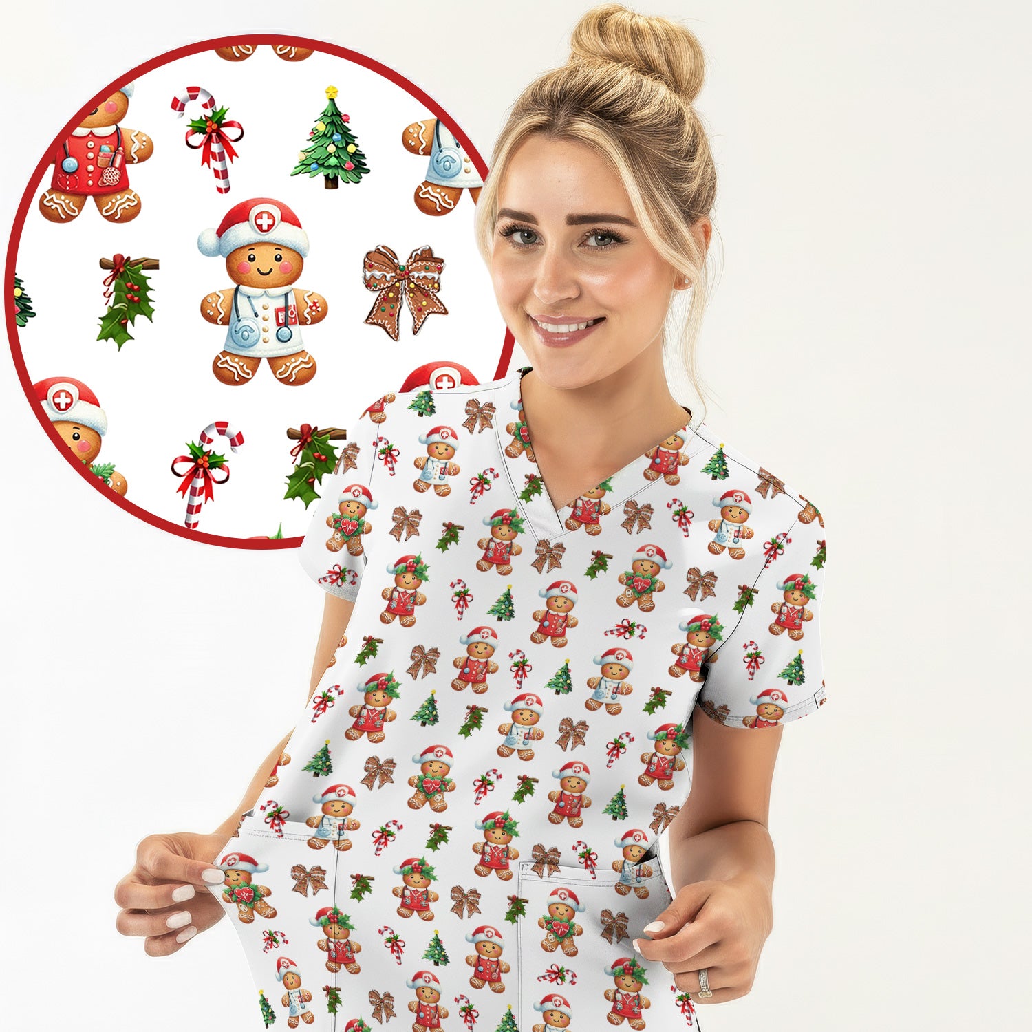 Funny Christmas Scrub Top for Nurse - Adorable Gingerbread Candy Cane Bow- Festive Medical Uniform for Women