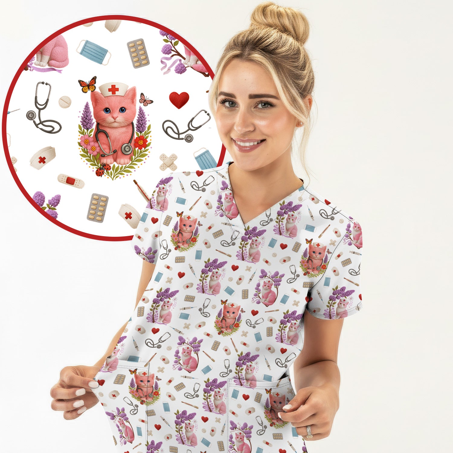 Pink Cat Print Medical Scrub Top - Cute Nurse Shirt for Women - Funny Pattern Gift for RN LPN CNA Healthcare Workers