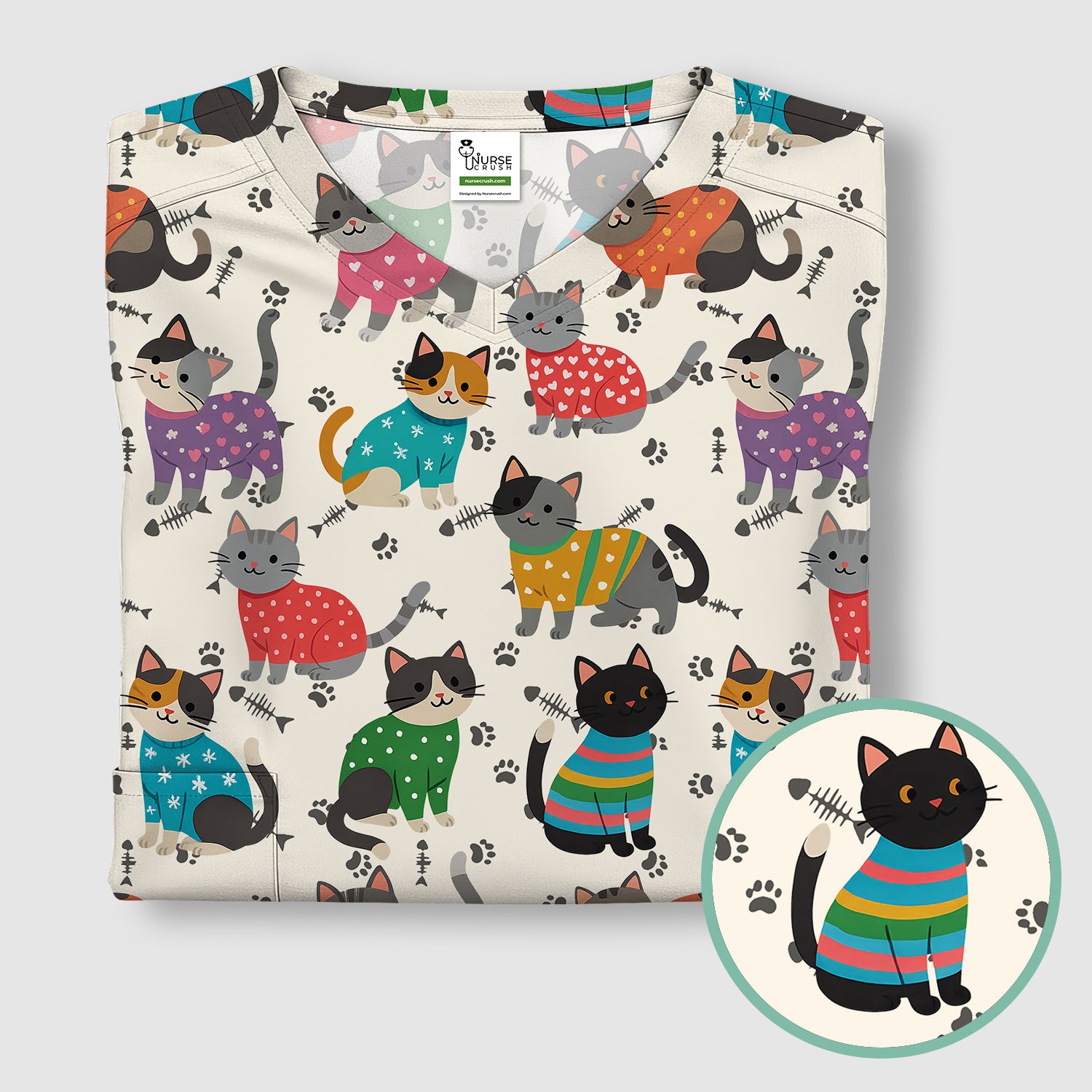 Cute Cat Nurse Scrub Top Multi Color - Funny Kitty Print Scrub Shirt for Women - Colorful Nursing Work Shirt with Pockets