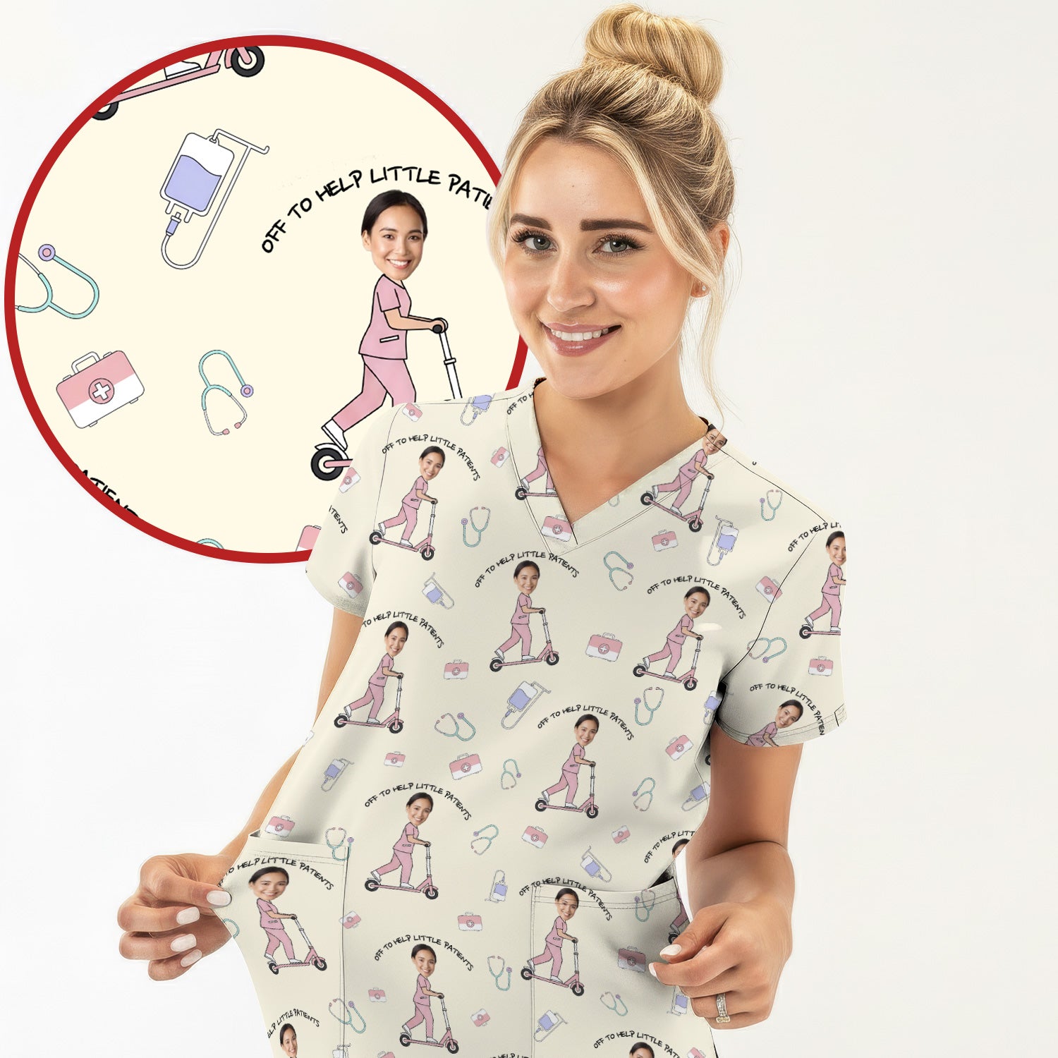 Custom Face Pediatric Nurse Scooter Pattern Scrub Top, Comfortable Scrubs for Nurses