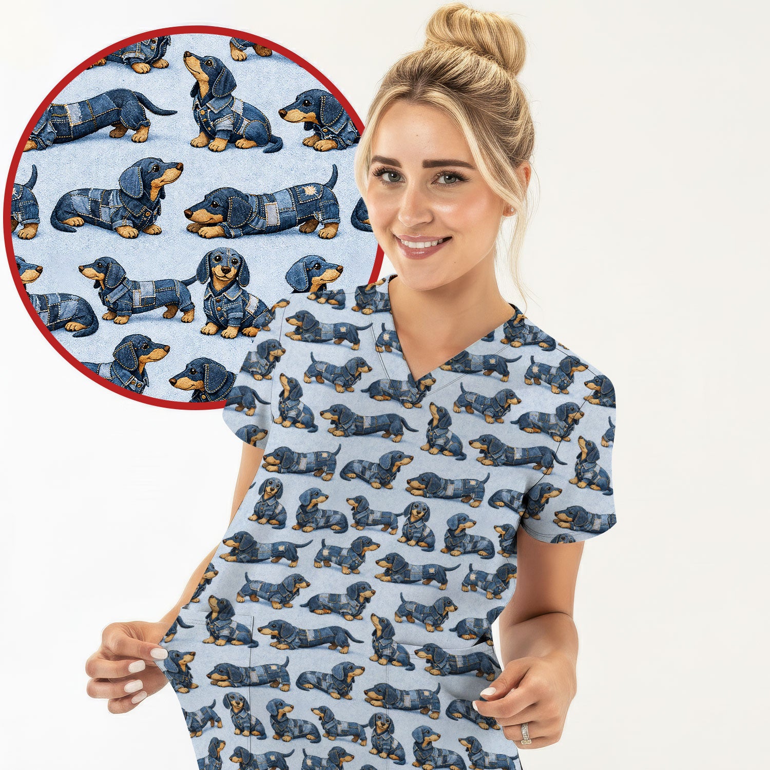 Denim Dachshund Dog Pattern Scrub Top, Breathable Fabrics Nursing Uniform