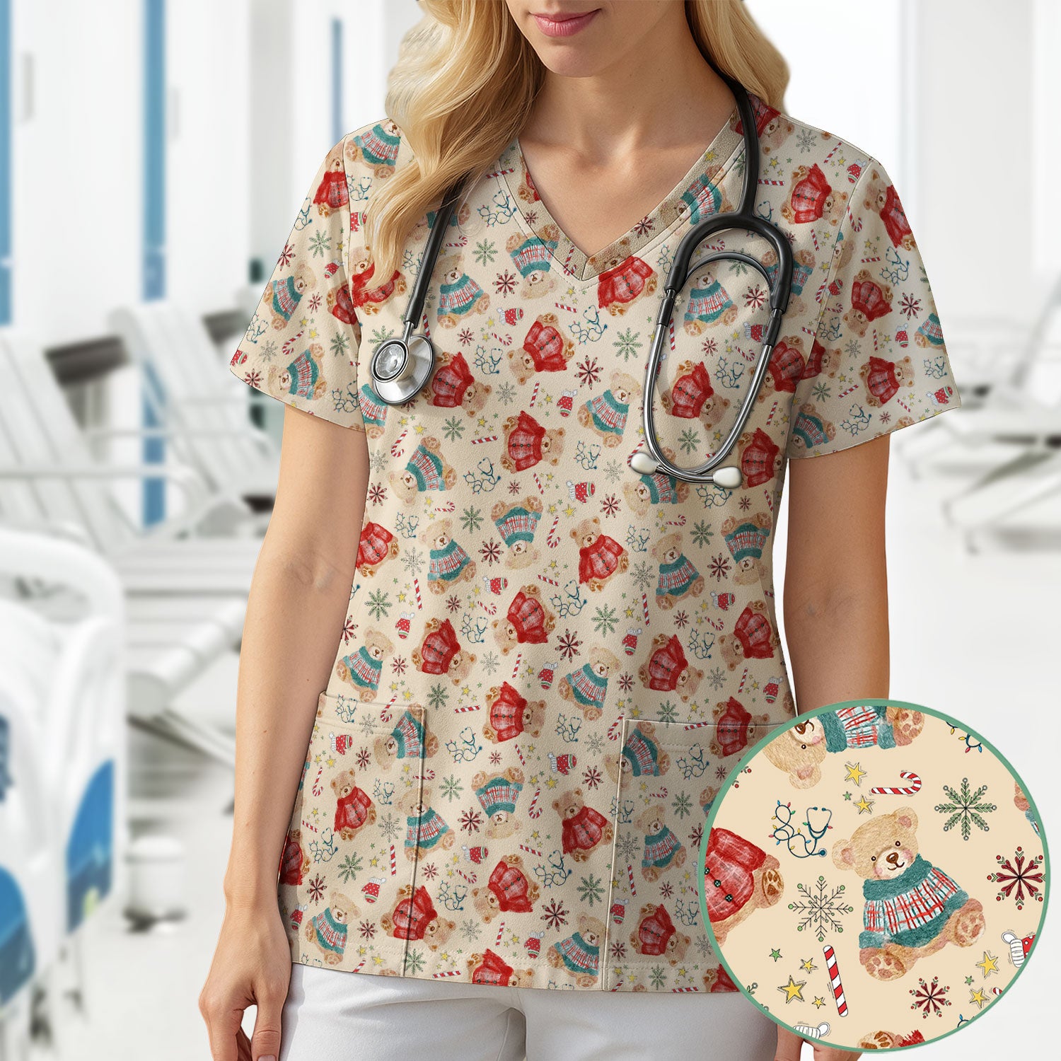 Christmas Bear Scrub Top - Cute Holiday Teddy Print Scrubs for Nurses - Funny Xmas Medical Scrub Shirt Gift for Women CNA RN