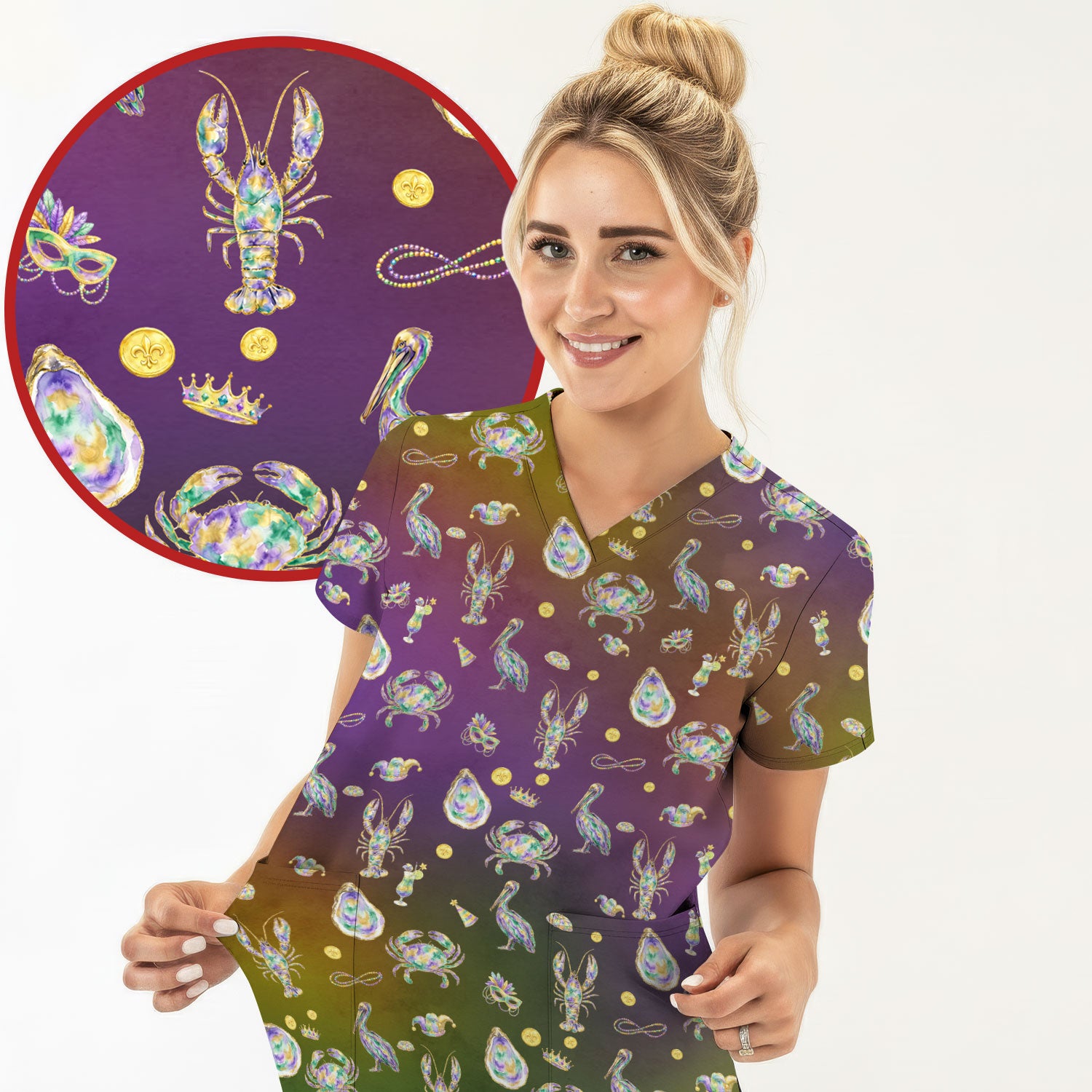 Mardi Gras Seafood Nurse Scrub Top, Comfortable Uniform Scrubs For Nursing