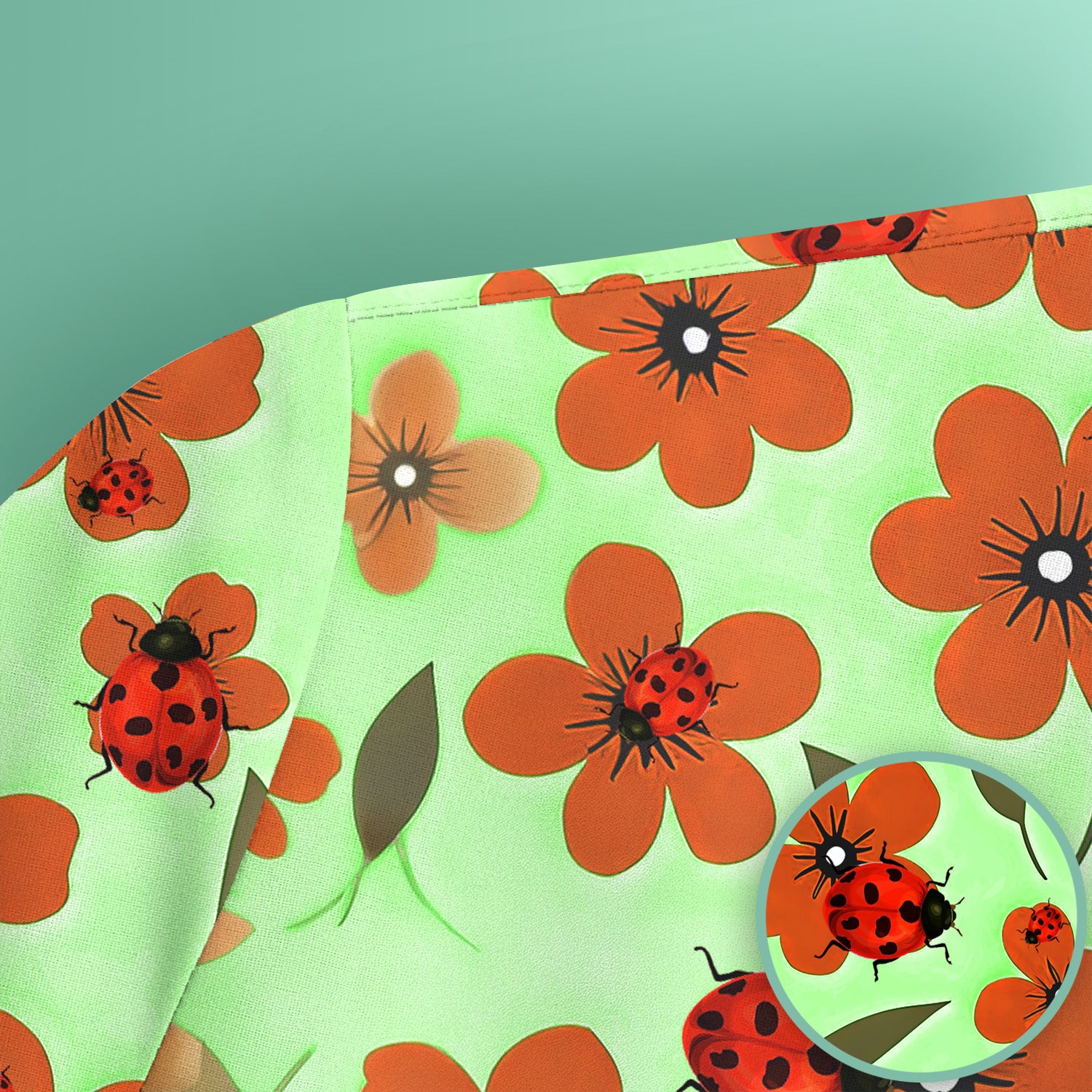 Ladybug on Orange Floral Garden Pattern Scrub Top, Comfortable Scrubs for Nurses