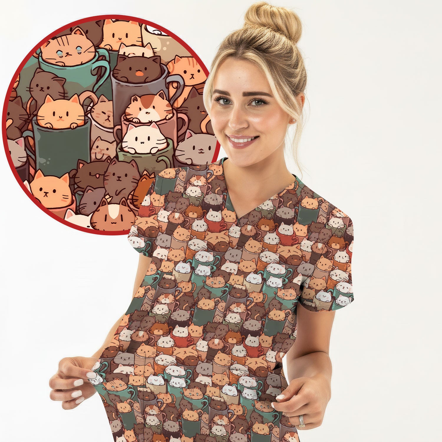 Cute Coffee Cat Scrub Top, Cozy Kittens in Mug Pattern Nurse Shirt, Breathable Fabrics Nursing Uniform