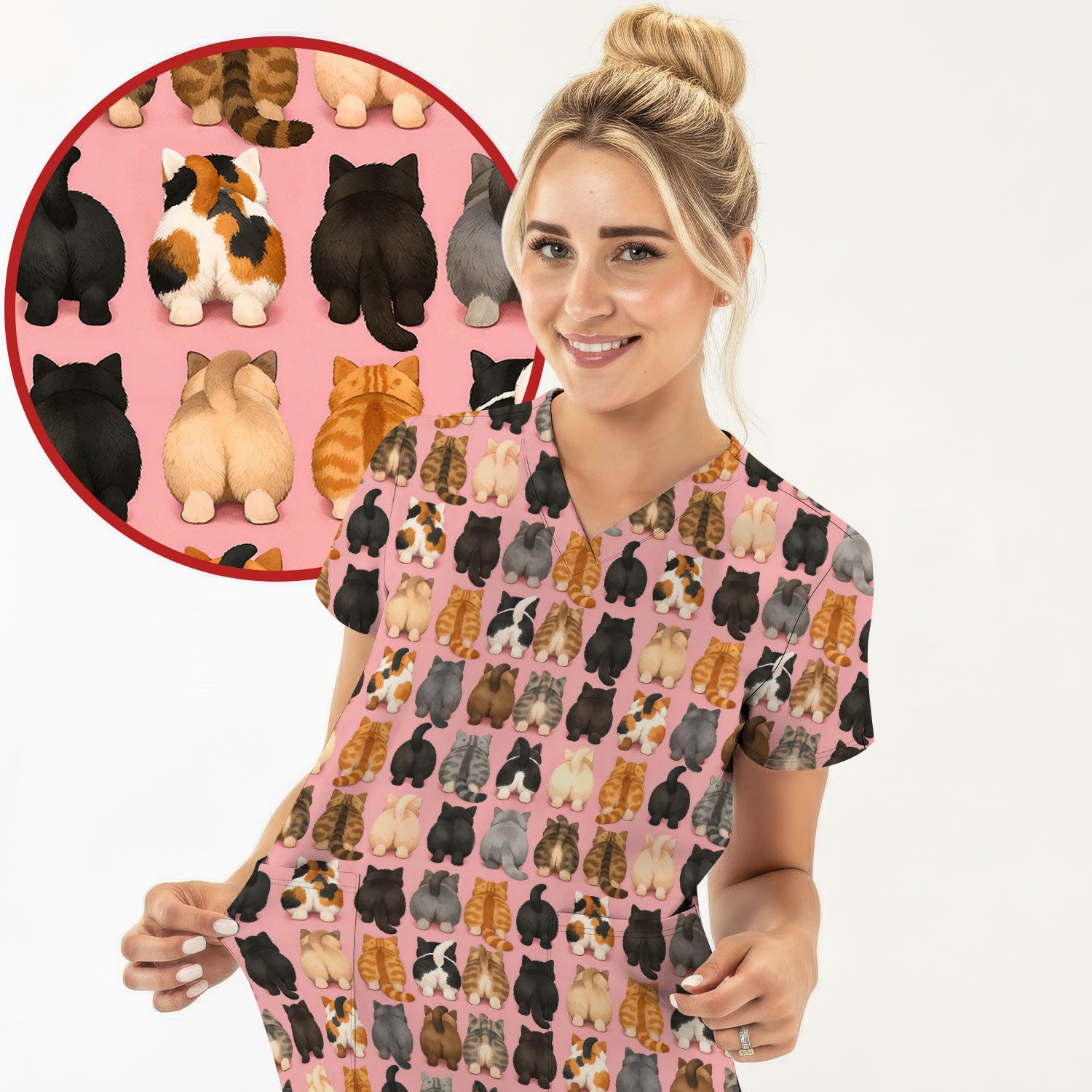 Cute Cats Back View Pattern Scrubs Top, Comfortable Scrubs for Nurses
