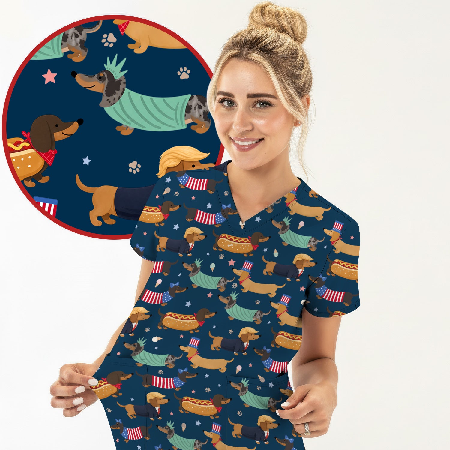 Funny Patriotic Dachshund Costume Dogs Pattern Scrub Top, Breathable Fabrics Nursing Uniform