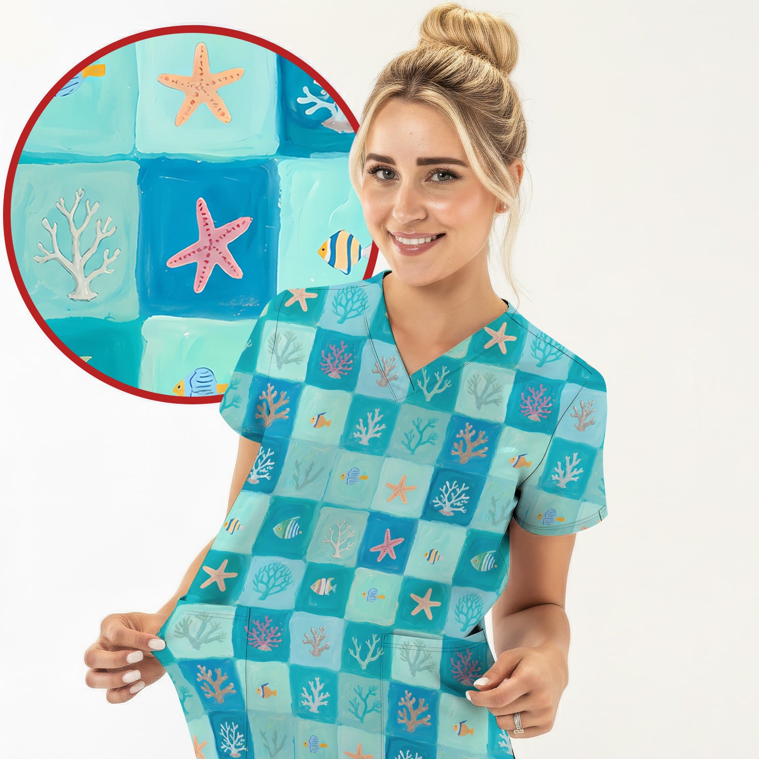 Ocean Coral Fish Checkered Pattern Scrub Top, Comfortable Scrubs for Nurses
