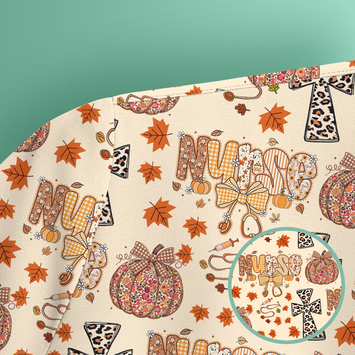 I Will Praise Him In Every Season - Boho Pumpkin Leopard Cross Fall Scrub Top for Nurse - Thanksgiving Med Uniform for Women