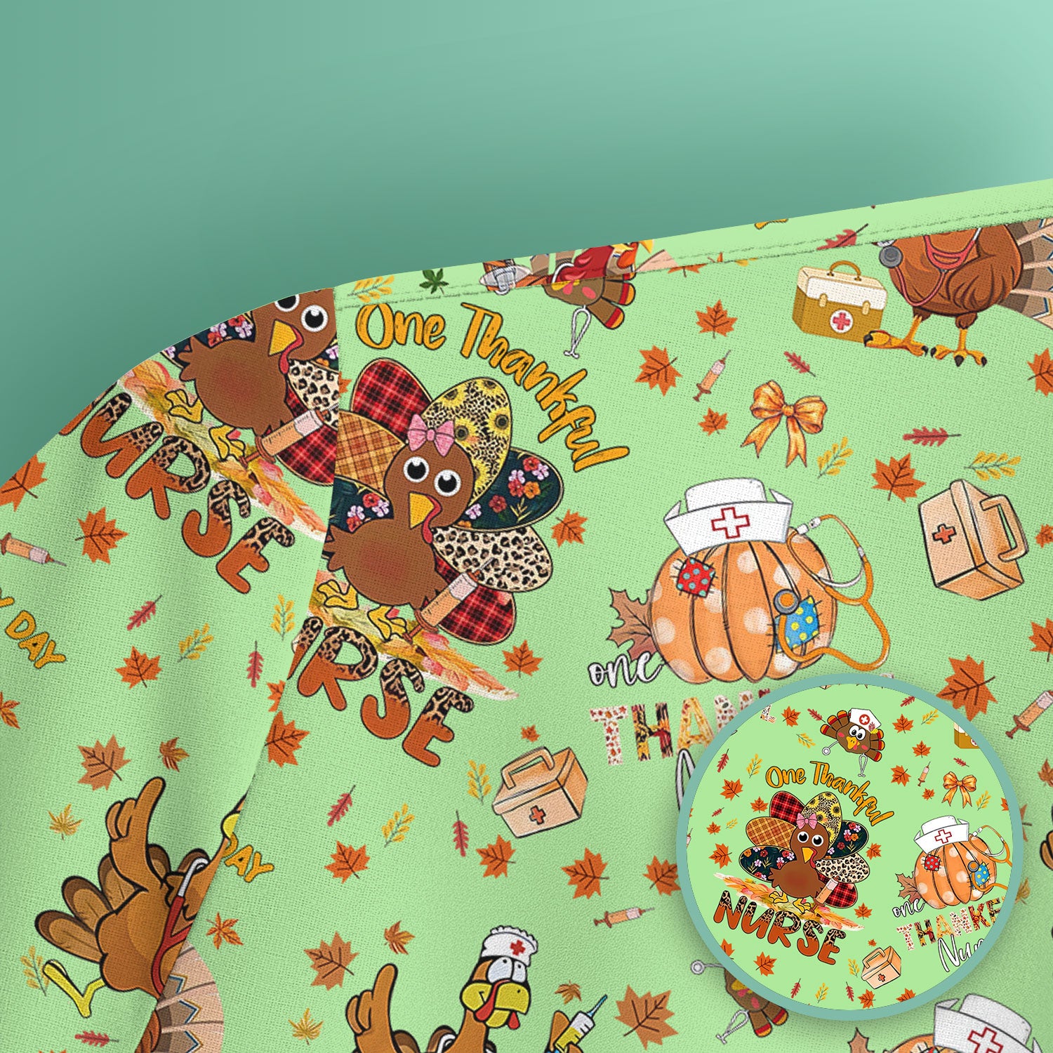 Thanksgiving Nurse Fall Scrub Top for Women - Cute Turkey and Pumpkin Shirt - Autumn Medical Shirt Gift for RN CNA LPN Doctor