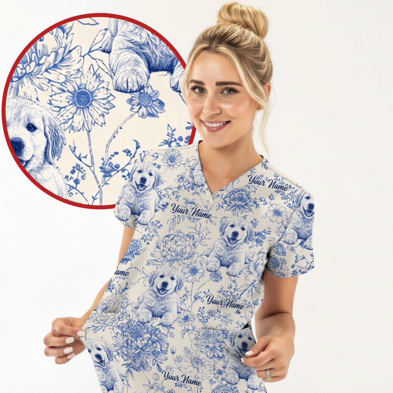 Personalized Custom Pet Photo Name Floral Pattern Scrub Top, Breathable Fabrics Nursing Uniform