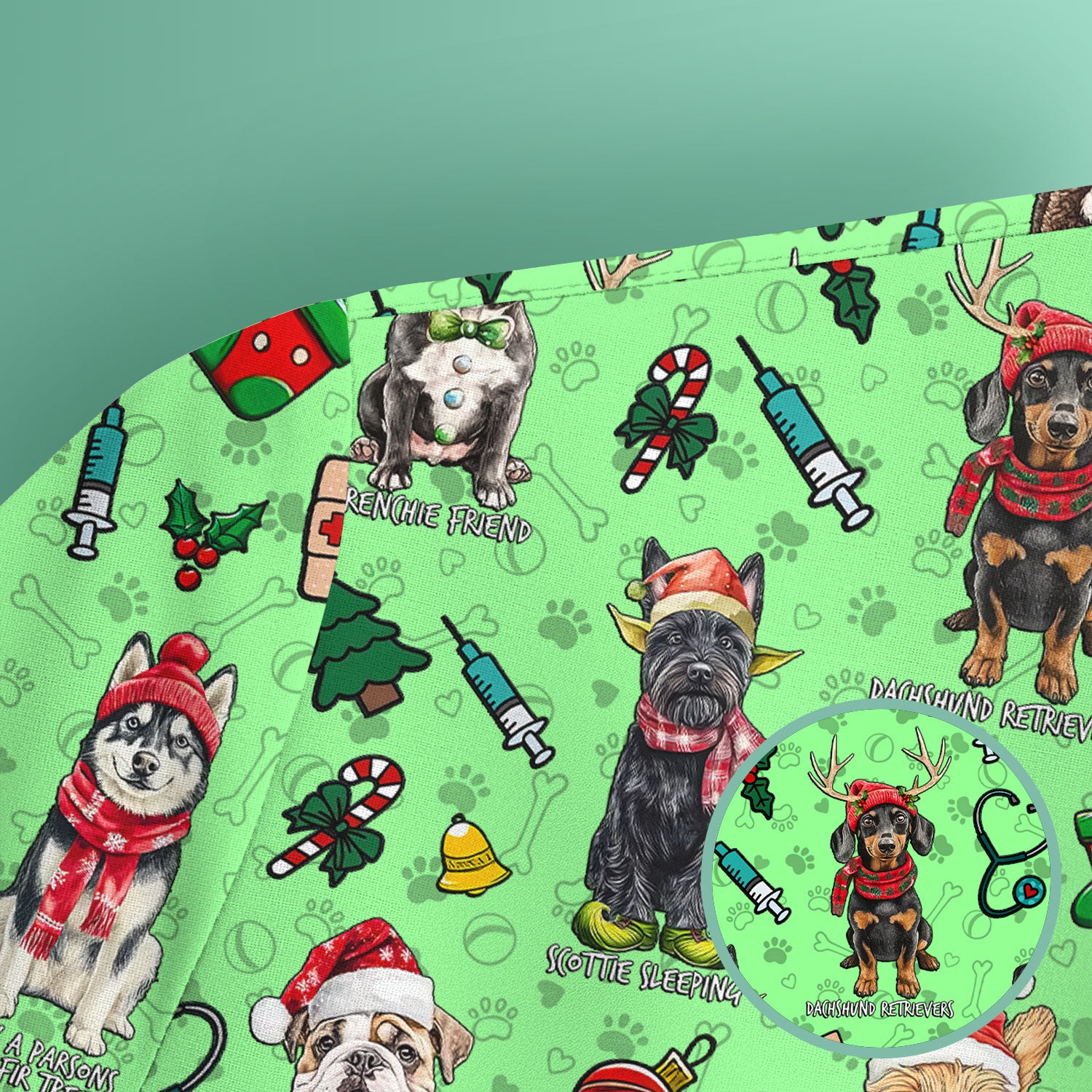 Cute Christmas Dog Scrubs for Nurses - Corgi, Dachshund, Husky, Poodle & Labrador - Funny Holiday Medical Scrub Top for Women