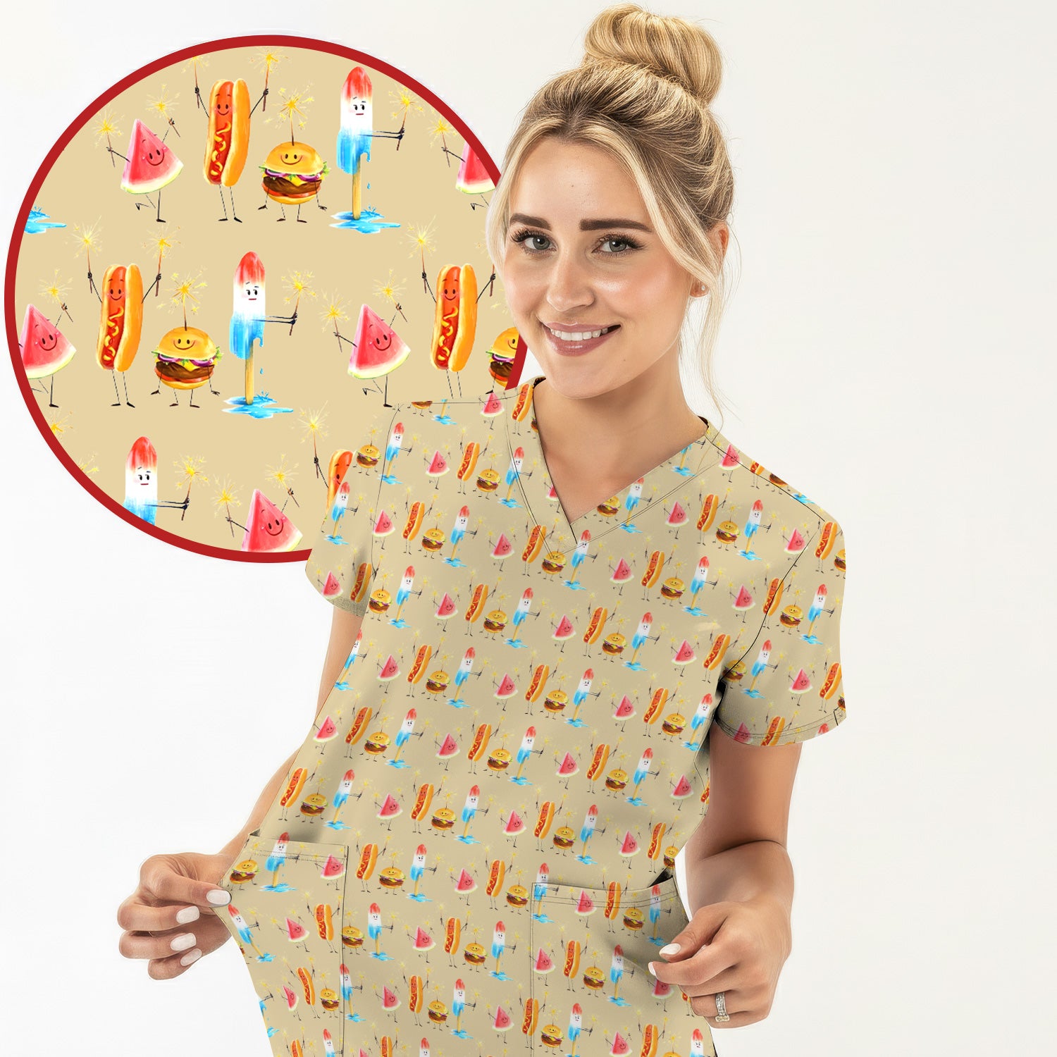 Funny Summer Food Icons Pattern Scrub Top, Comfortable Scrubs for Nurses
