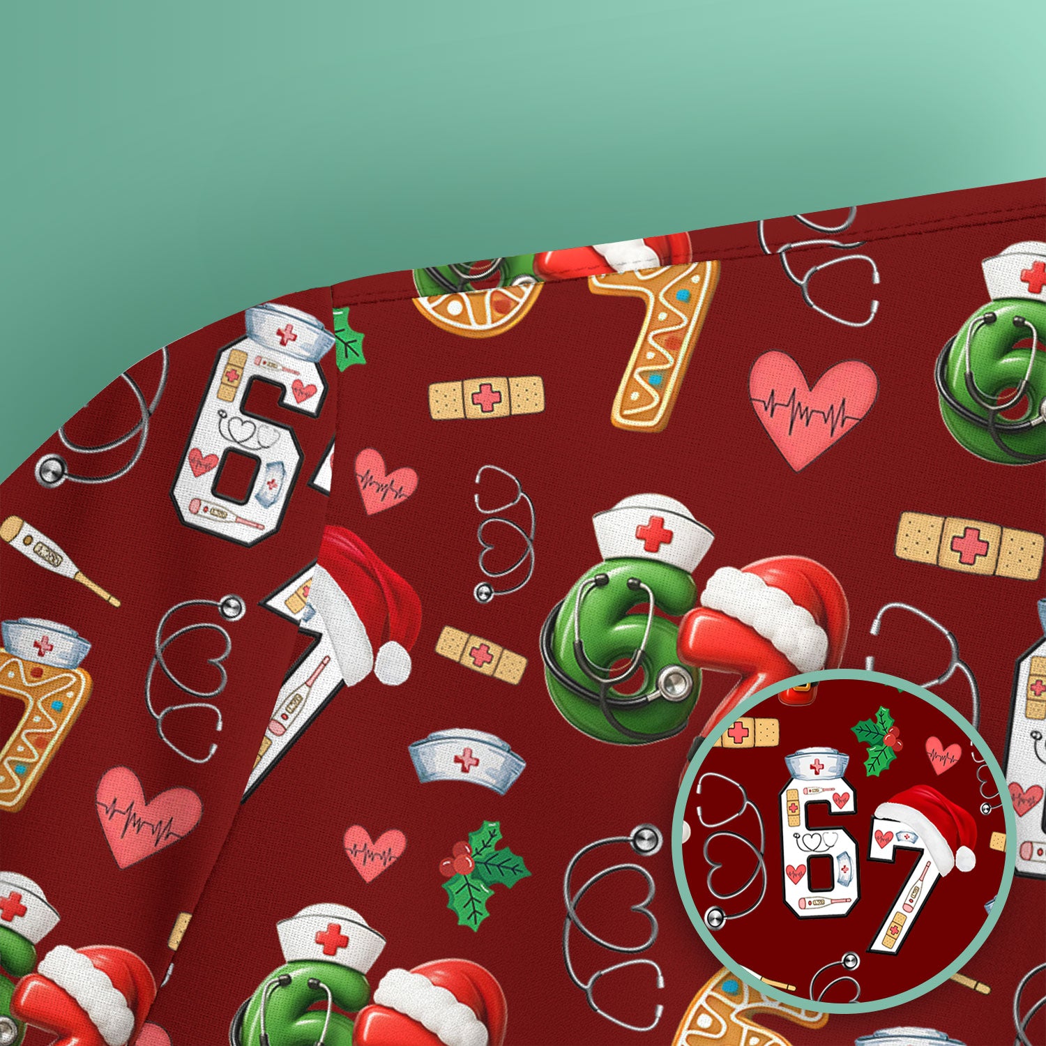 Christmas Nurse 67 Pattern Scrub Top, Cute Holiday Medical Shirt With Santa Hat, Uniform For Nursing
