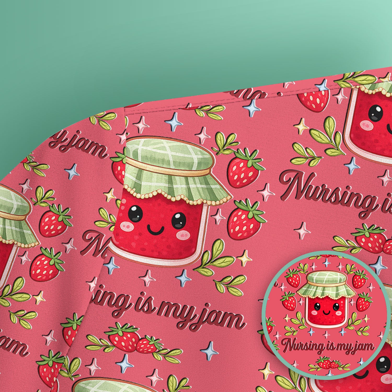 Cute Strawberry Jam Nurse Pattern Scrub Top, Breathable Fabrics Nursing Uniform