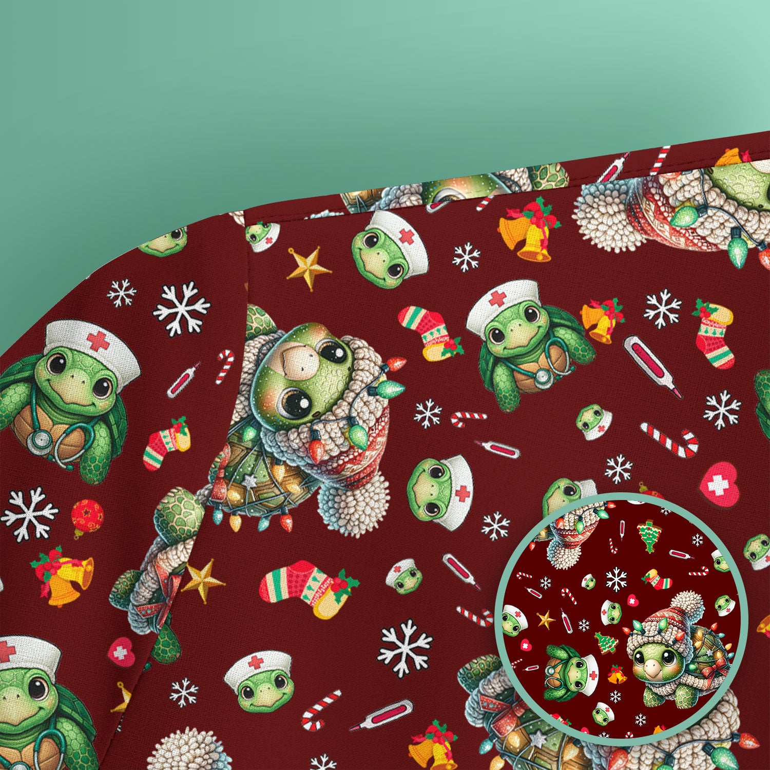 Christmas Turtle Scrub Top - Cute Funny Nurse Shirt - Holiday Medical Uniform for Women RN LPN CNA Gift Idea