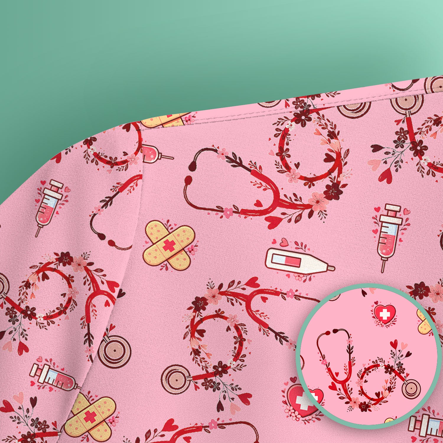 Heart Stethoscope Medical Pattern Scrub Top, Breathable Fabrics Nursing Uniform