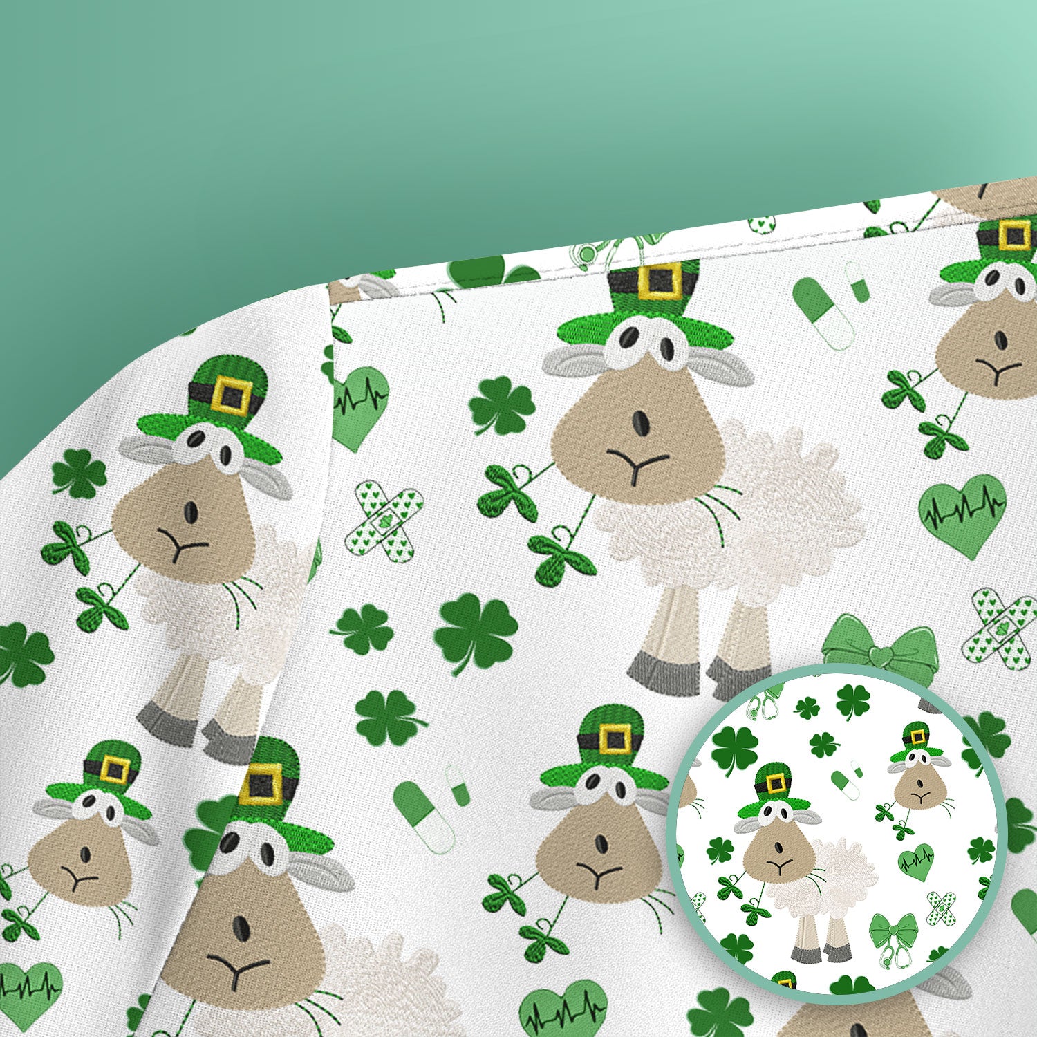 Nurse St. Patrick Scrubs Top, Cute Sheep Shamrock Pattern Nurse Shirt, Breathable Fabrics Nursing Uniform