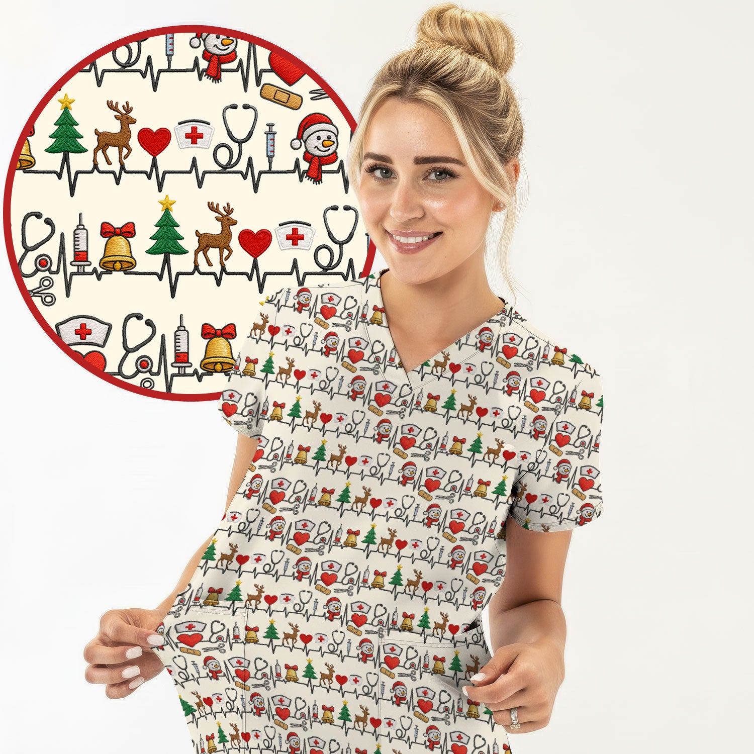 Cute Snowman Nurse Scrub Top, Christmas Holiday Medical Uniform For Nursing, Festive Heartbeat Print Nurse Shirt