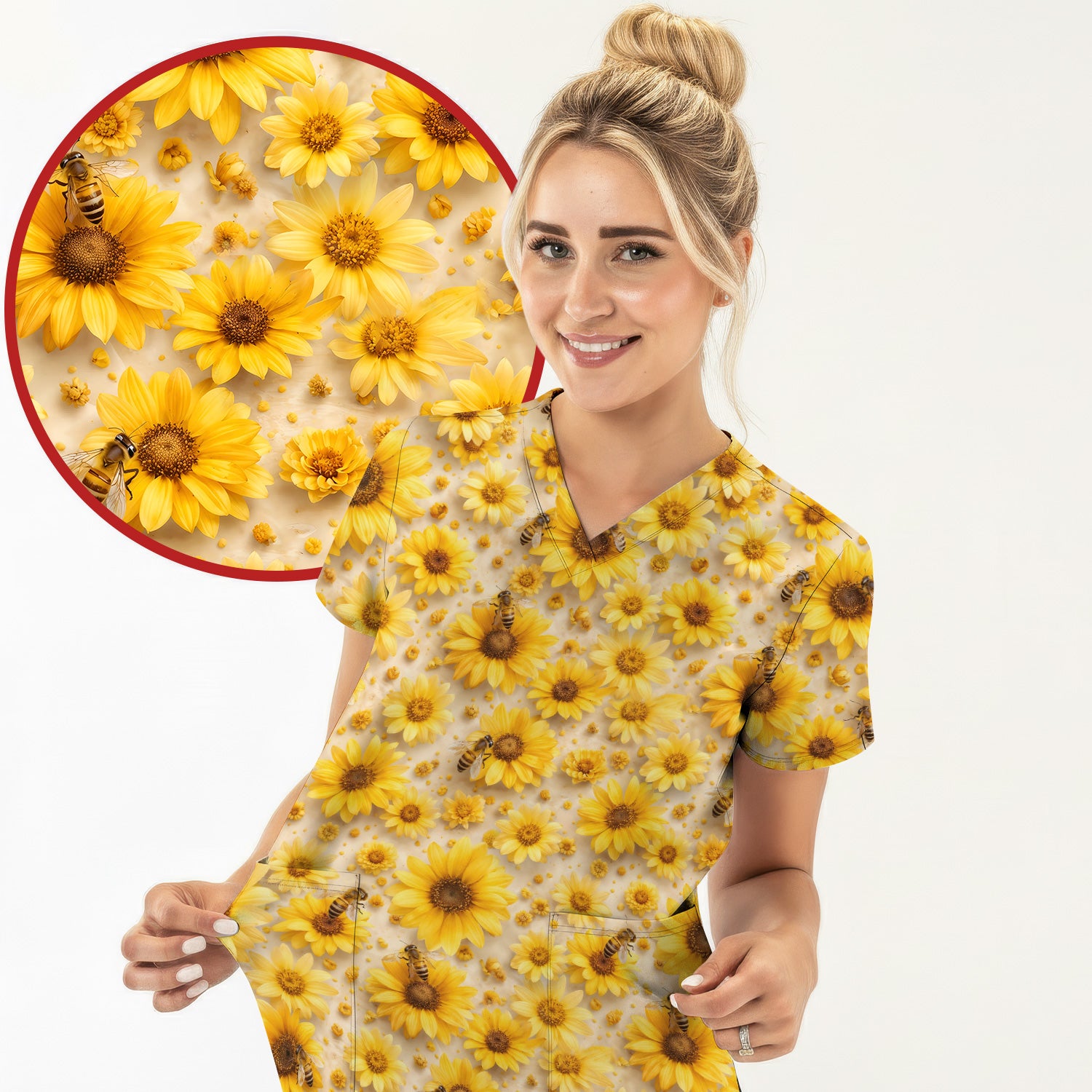 Yellow Sunflower Bee Garden Bloom Pattern Scrub Top, Breathable Fabrics Nursing Uniform