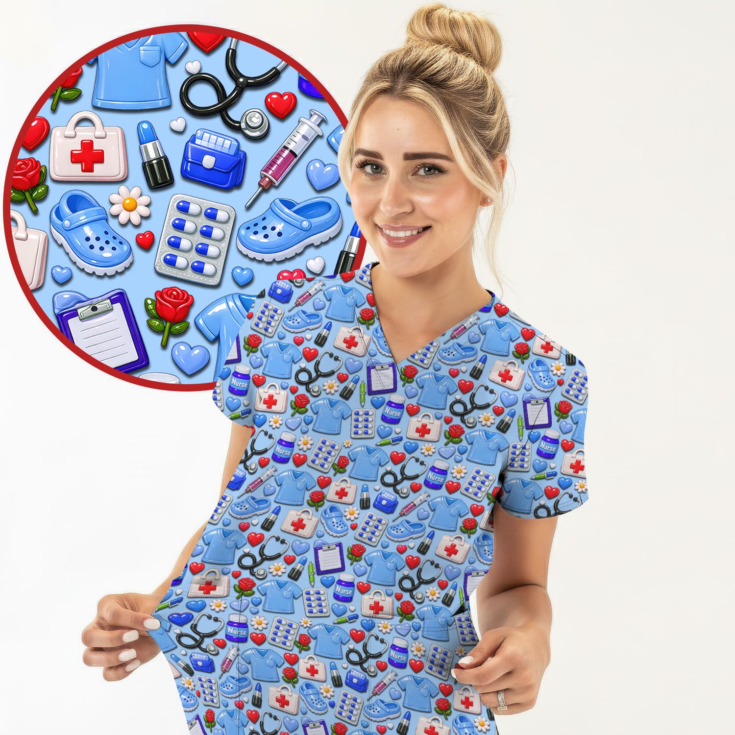 Medical Icons Scrub Top, Cute Pattern Nurse Shirt, Breathable Fabrics Nursing Uniform