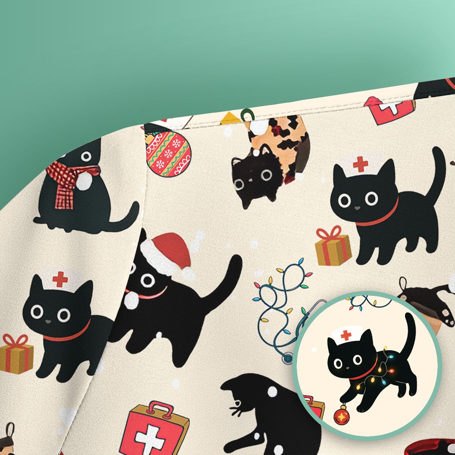 Christmas Cat Scrub Top for Nurse - Funny Black Cats Shirt - Cute Holiday Medical Uniform for Women