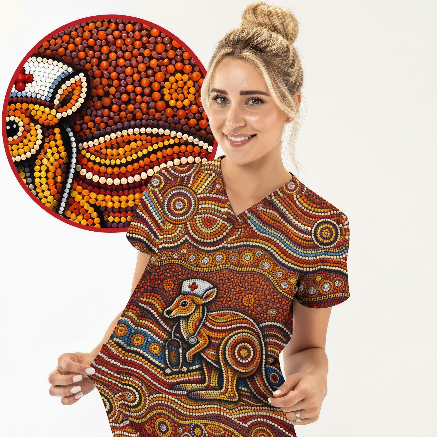 Australian Aboriginal Nurse Scrub Top, Kangaroo Dot Art Medical Nurses Shirt, Breathable Fabrics Nursing Uniform