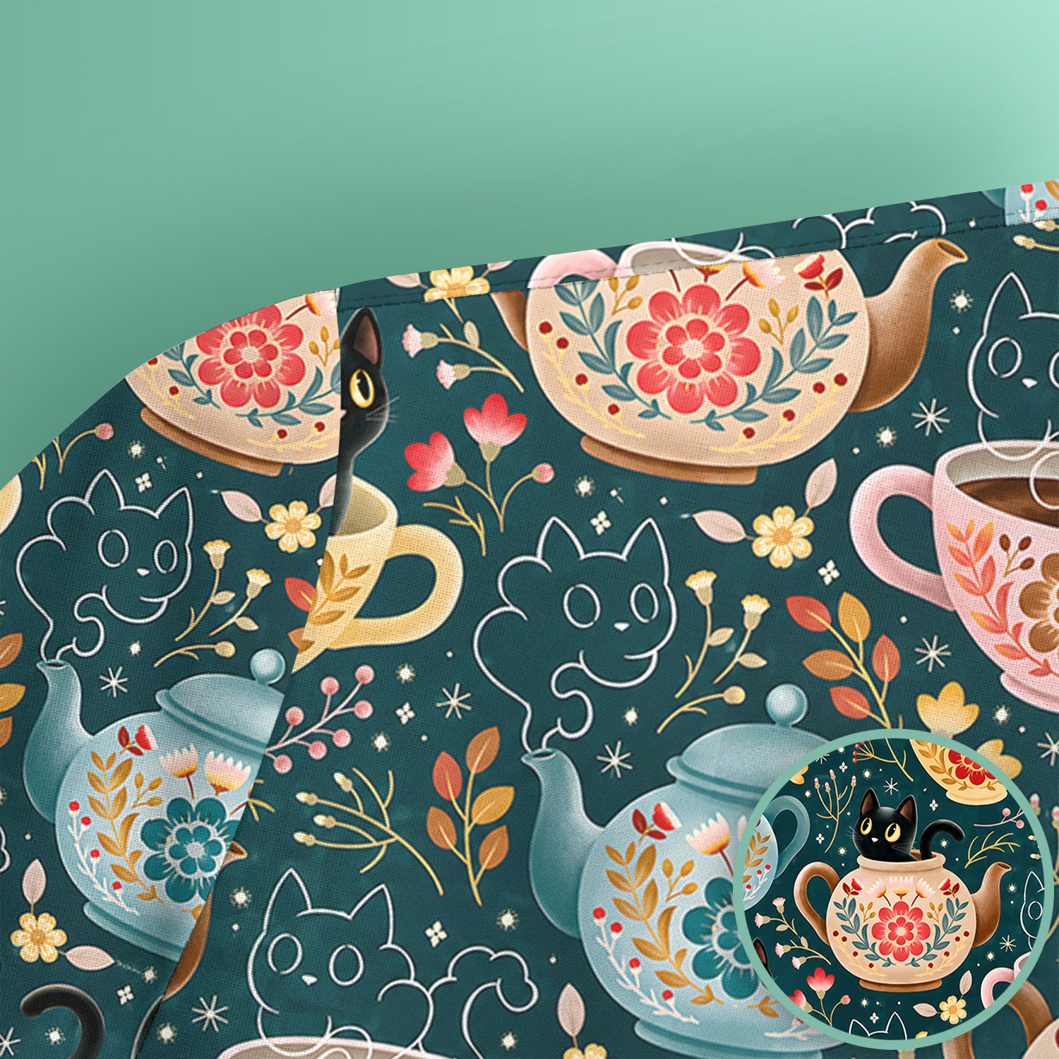 Black Cat Tea Party Veterinary Pattern Scrub Top, Comfortable Scrubs for Nurses