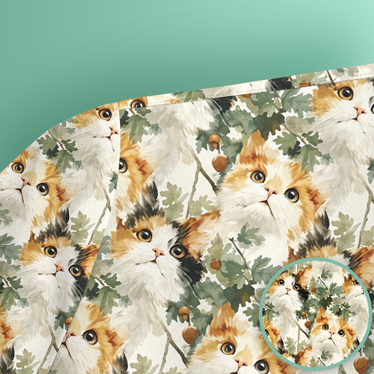 Fluffy Calico Cat Oak Leaves Pattern Scrub Top, Comfortable Scrubs for Nurses