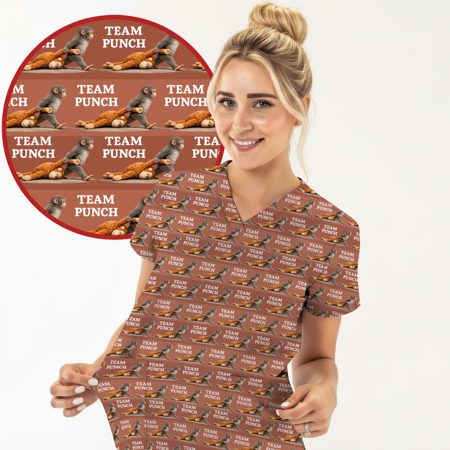 Team Punch Playful Monkey Graphic Pattern Scrubs Top, Comfortable Scrubs for Nurses