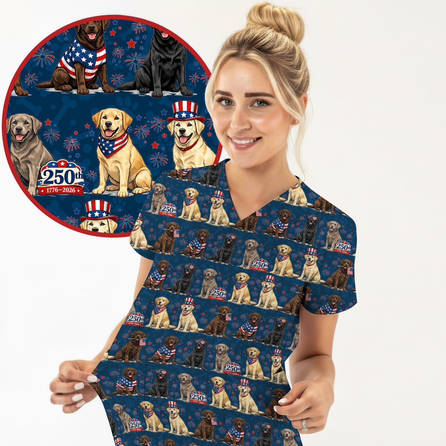 4th of July Labrador Dog Patriotic Print Scrub Top, USA Flag Nursing Uniform for Women