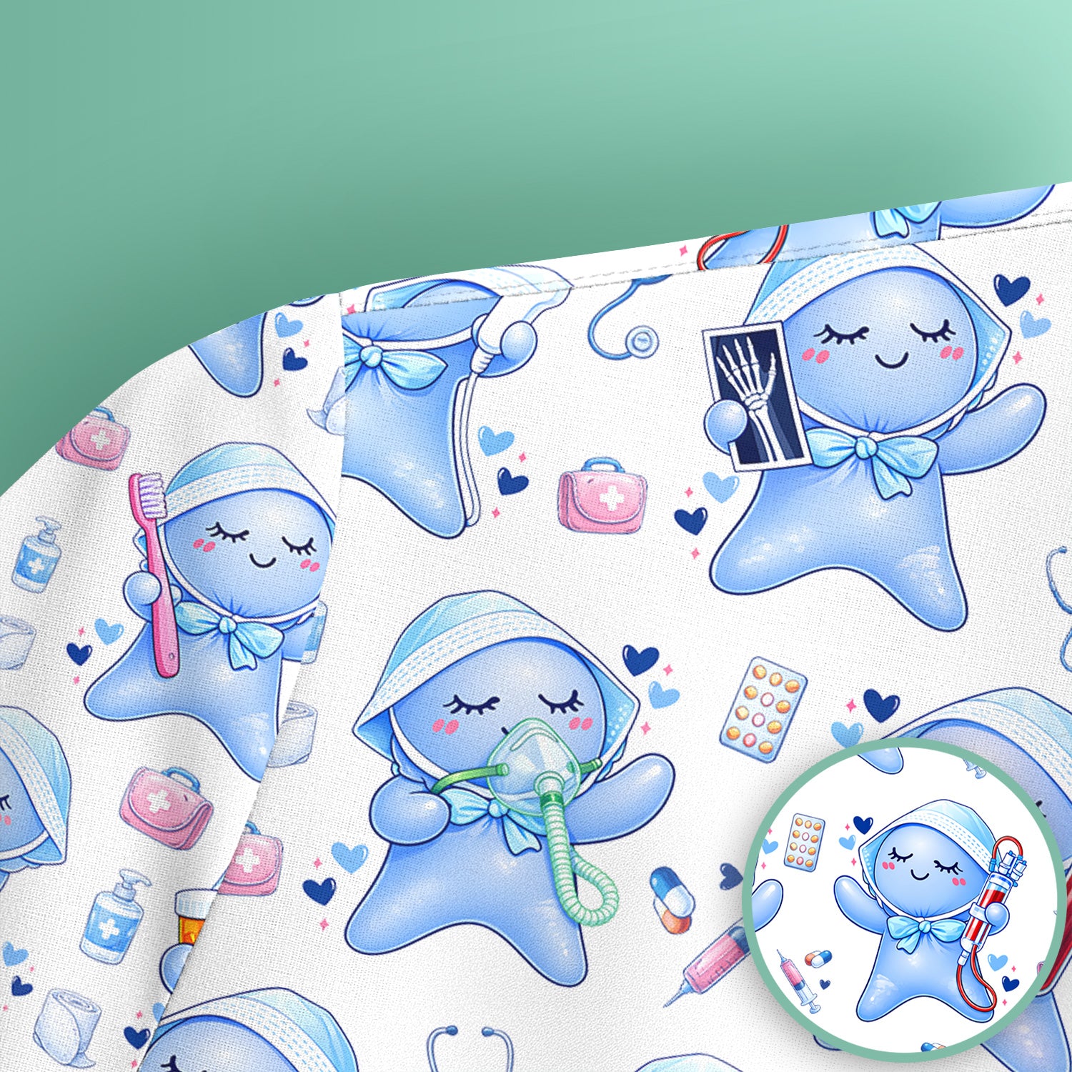 Cute Tooth Character Dental Tools Caring Pattern Scrub Top, Breathable Fabrics Nursing Uniform