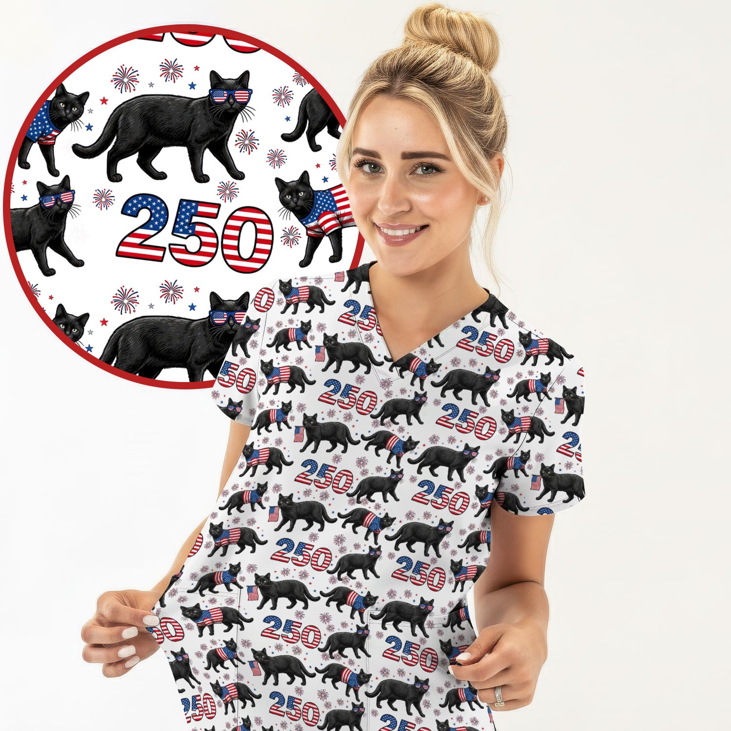 Black Cat 250 USA Flag Fireworks Pattern Scrubs Top, Comfortable Scrubs for Nurses