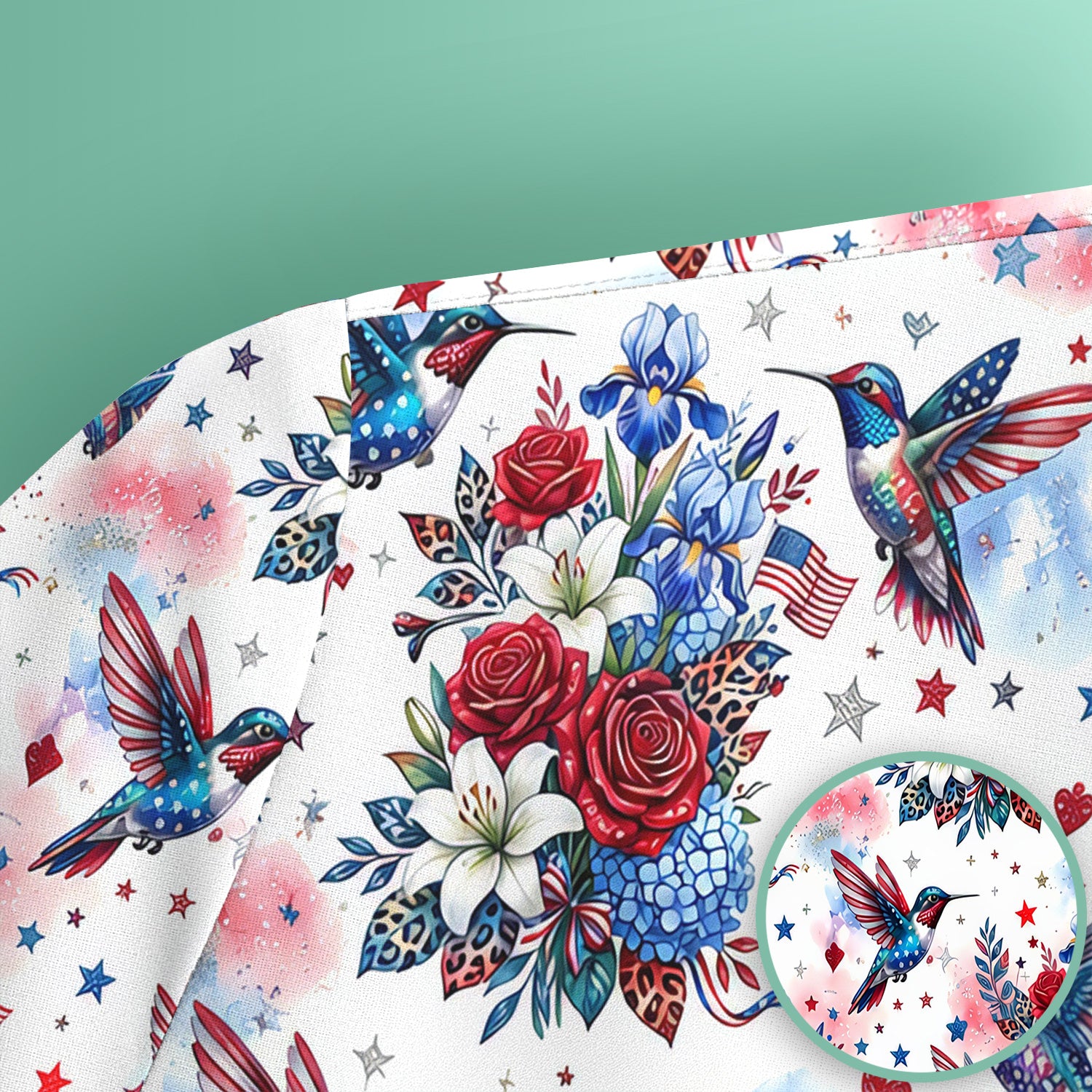 Patriotic Hummingbird Floral Bouquet Pattern Scrub Top, Comfortable Scrubs for Nurses