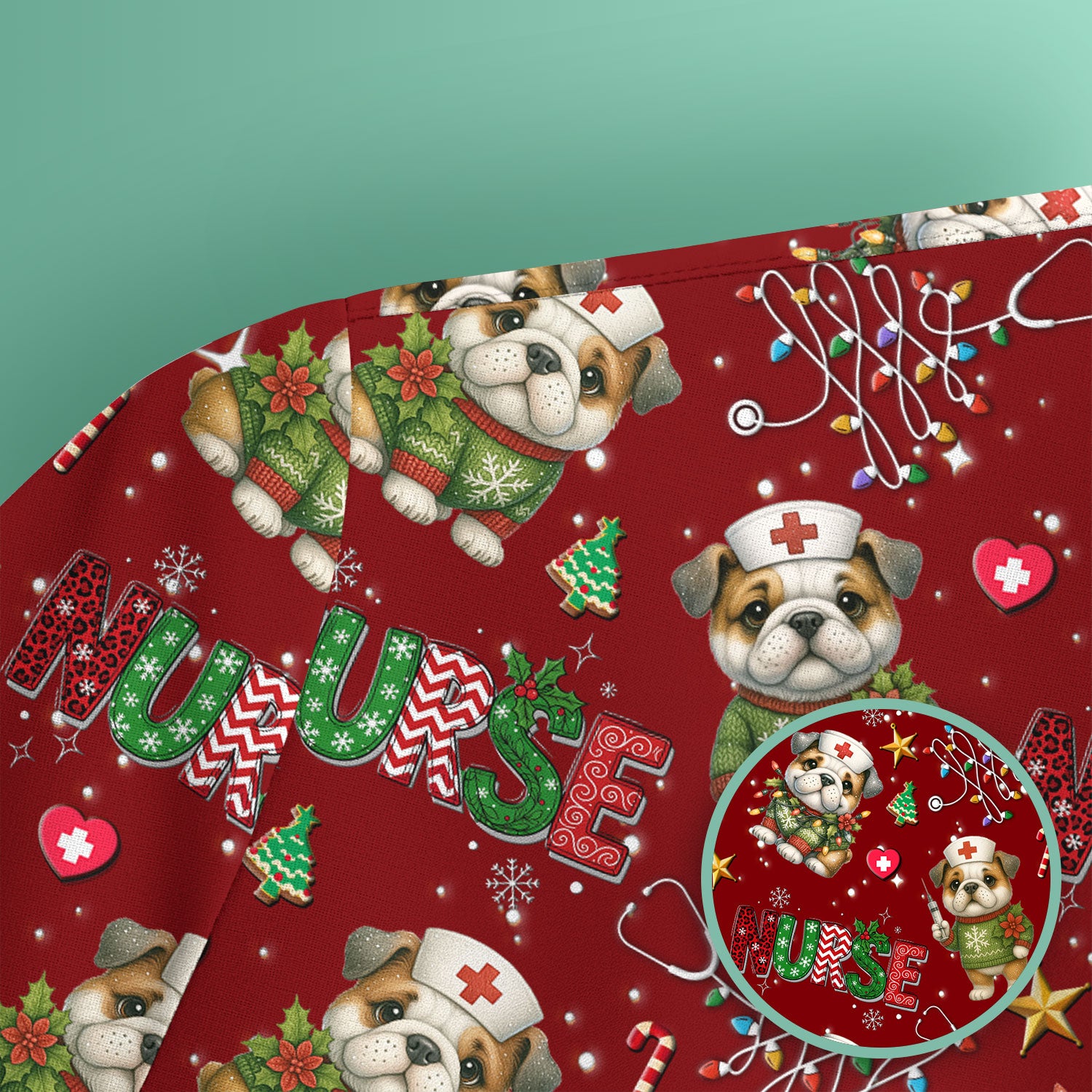 Bulldog Christmas Nurse Scrub Top - Funny Dog Scrub Shirt - Cute Holiday Medical Uniform for Women RN LPN CNA Gift